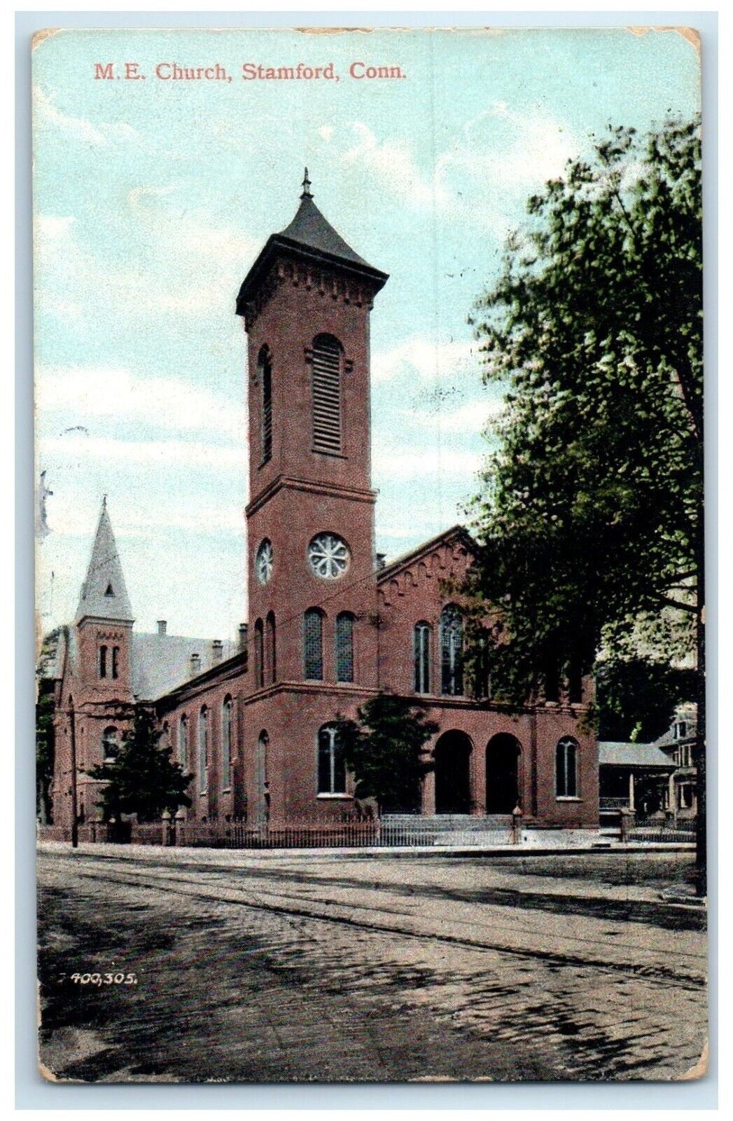 1909 ME Church Scene Street Stamford Connecticut CT Posted Antique Postcard