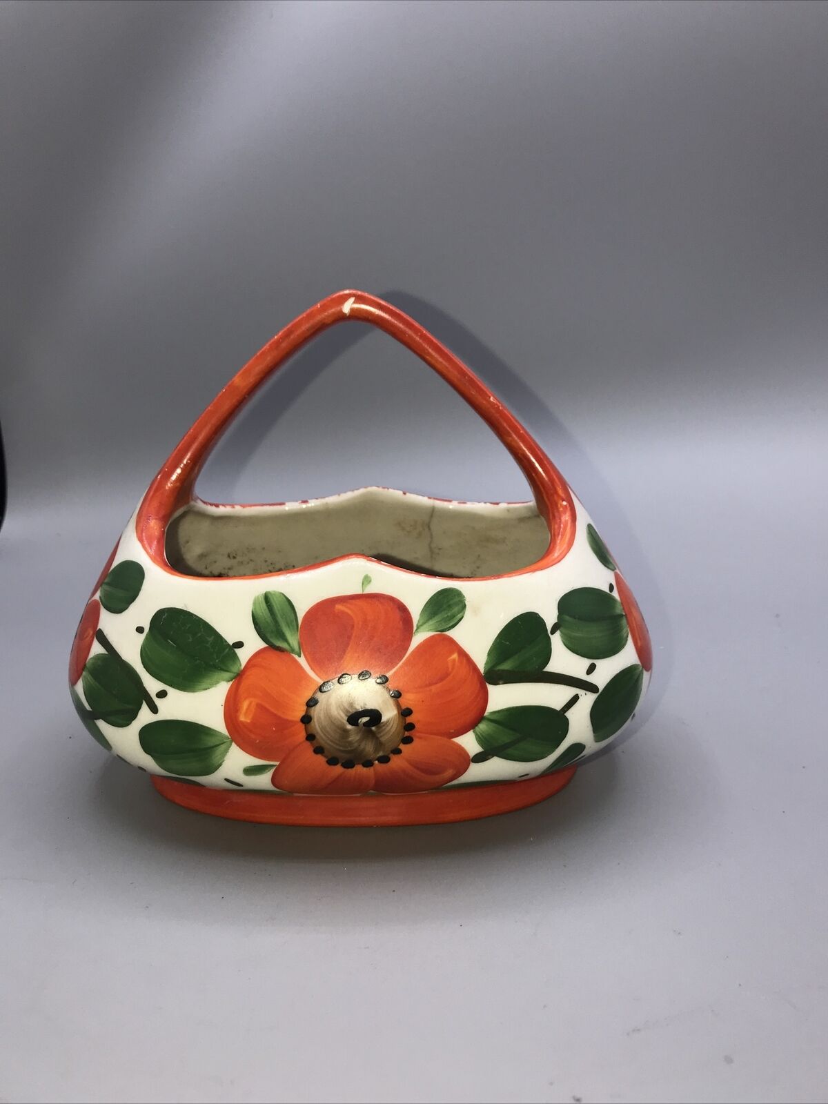 Vintage Coronet Czechoslovakia Heart Basket Orange Poppy Flower