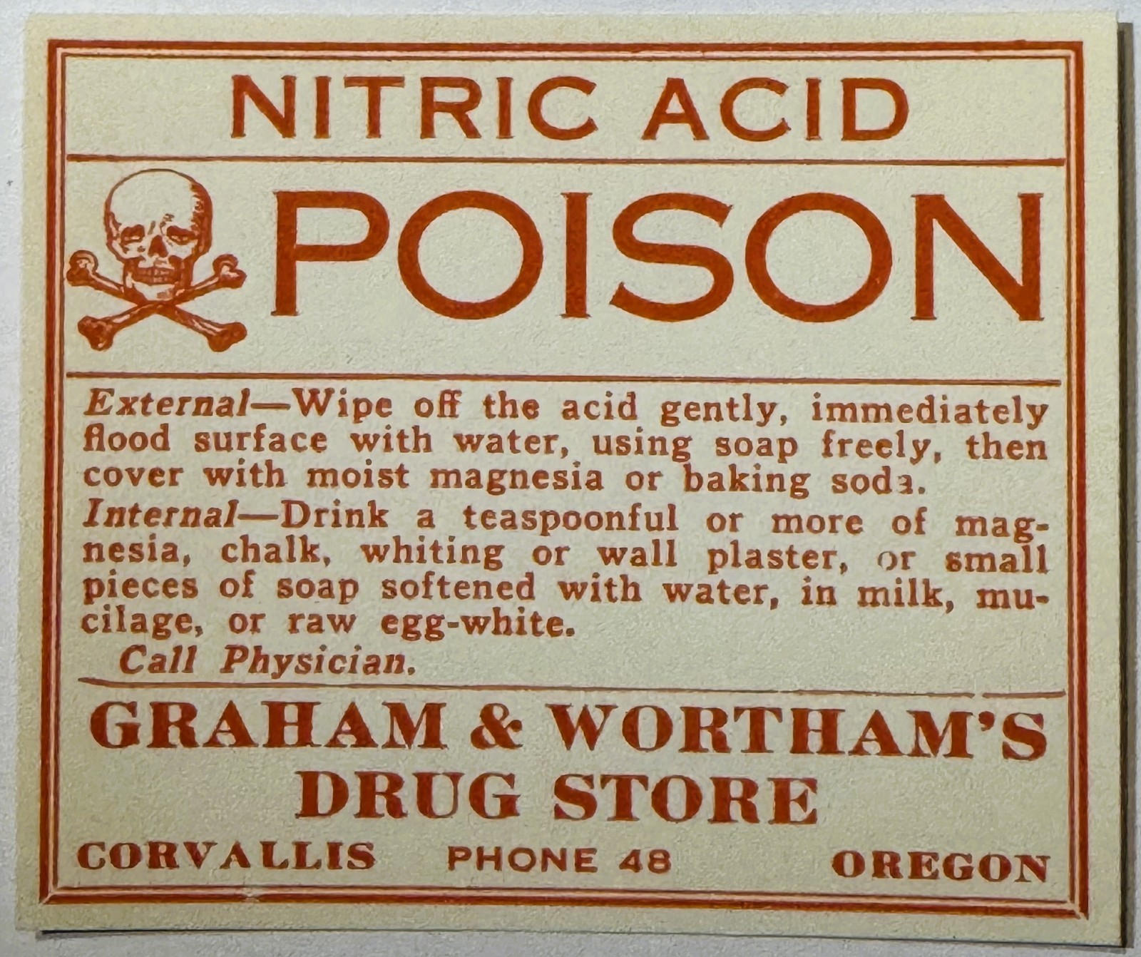 Antique 1910s Nitric Acid POISON Label ☠️ Drink Chalk & Wall Plaster