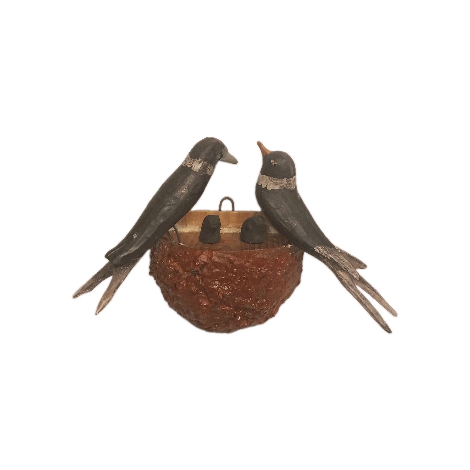 Antique Folk Art PA. German Hand Carved Birds In Nest Feeding Their Chick's 