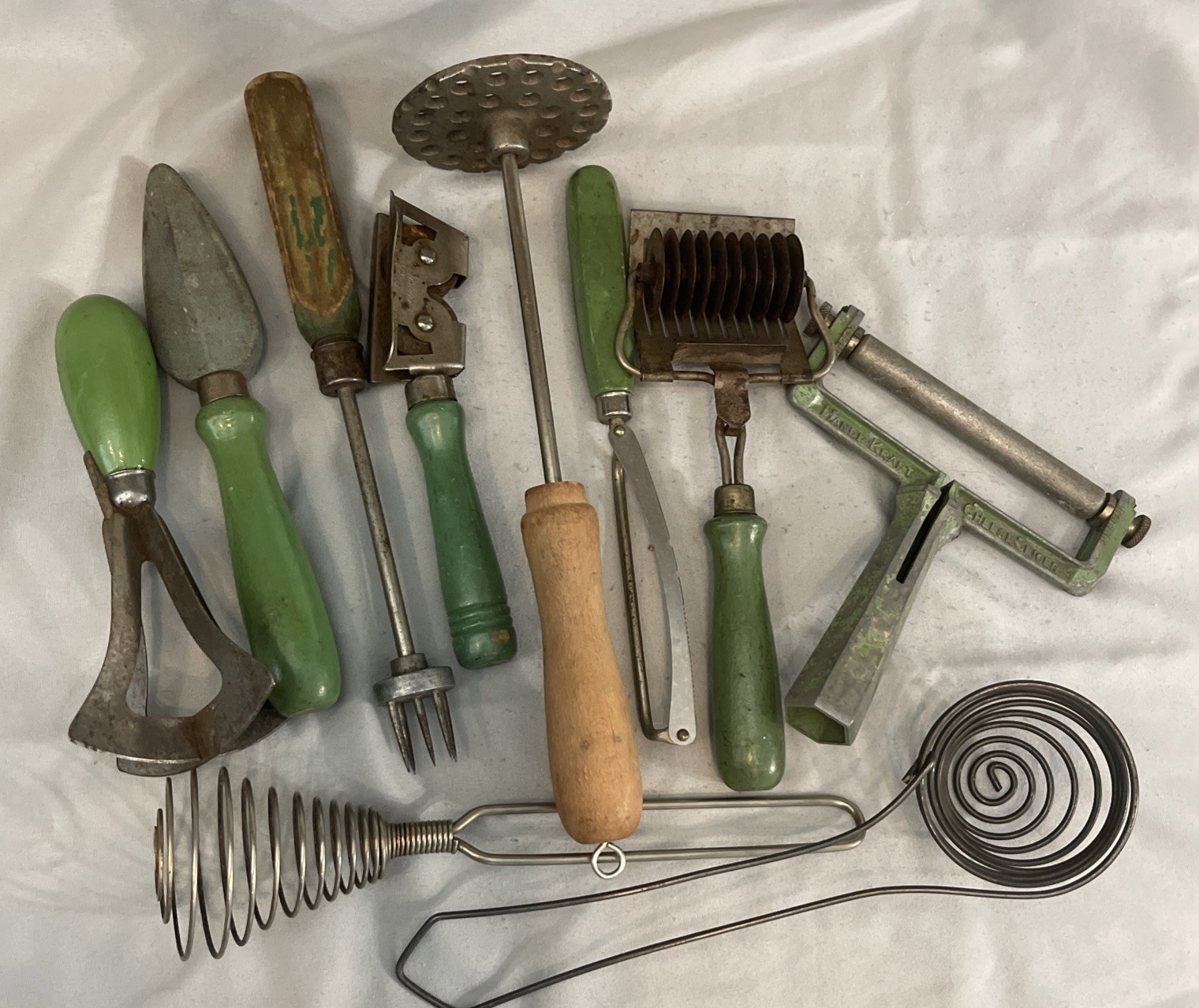 Lot Of  10 Vtg Rustic Green Wooden Handled & Primitive Farmhouse Utensils Tools