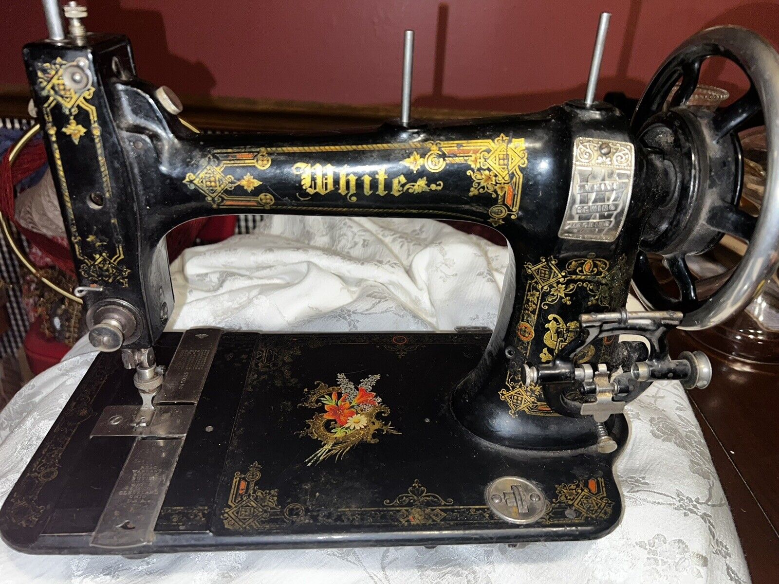 Antique White  Treadle Sewing Machine With Attachments Serviced