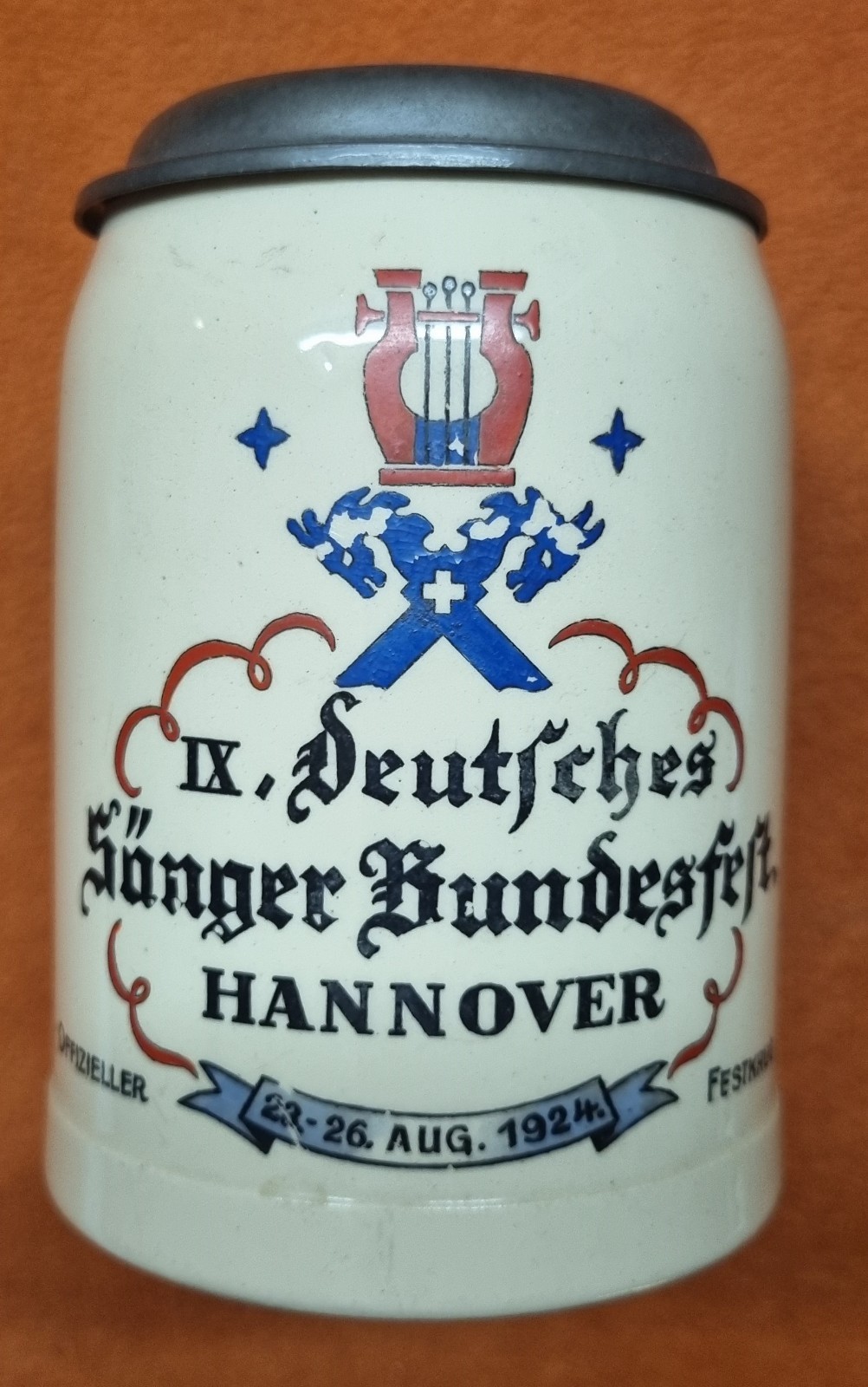 Beer Mug Ceramic Tin Lid for the 9th German Singer League Festival Hanover 1924 AS44