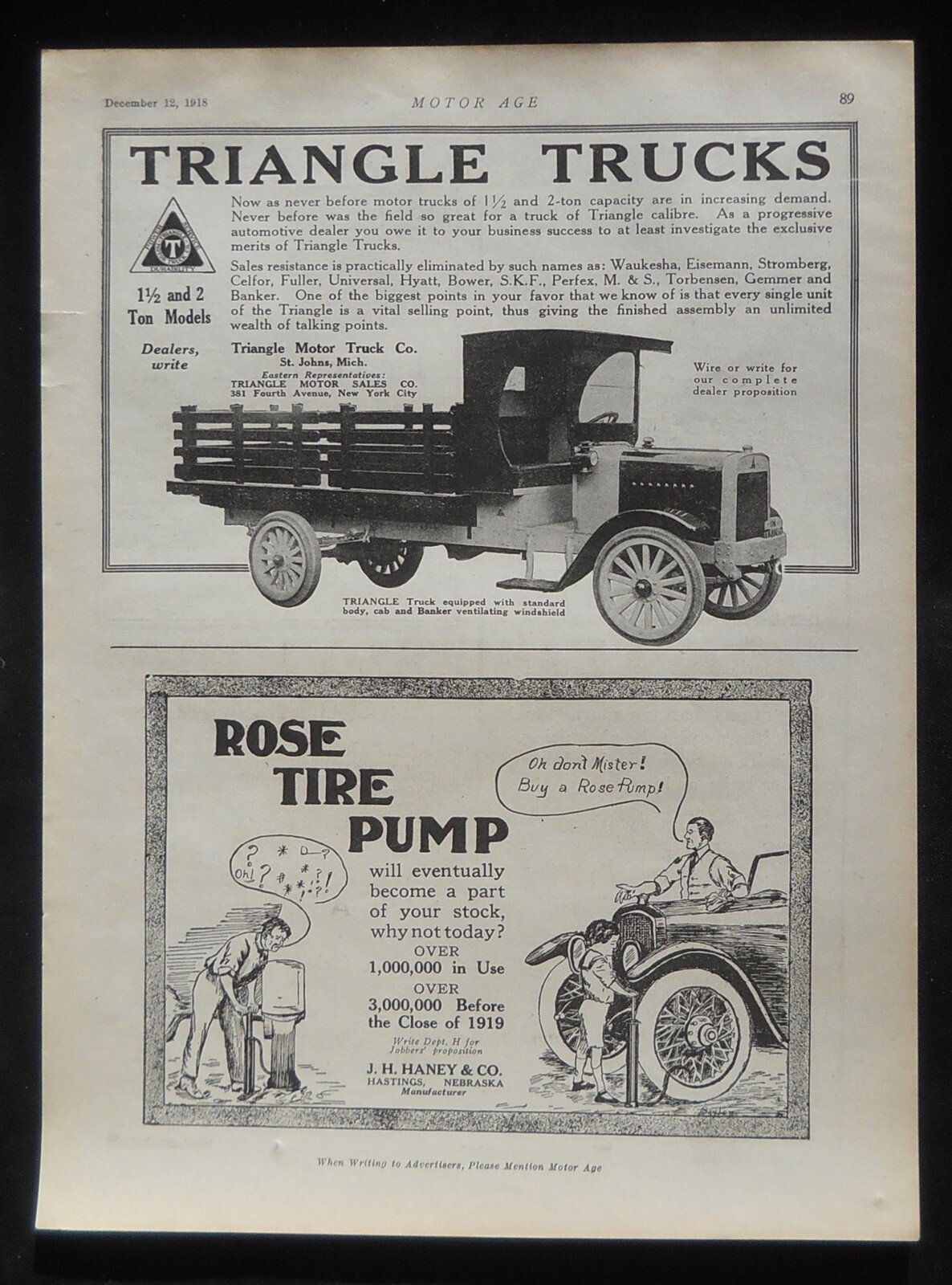 1918 Triangle Trucks Rose Tire Pump J. H. Haney & Co. Hastings NE Saint Johns MI