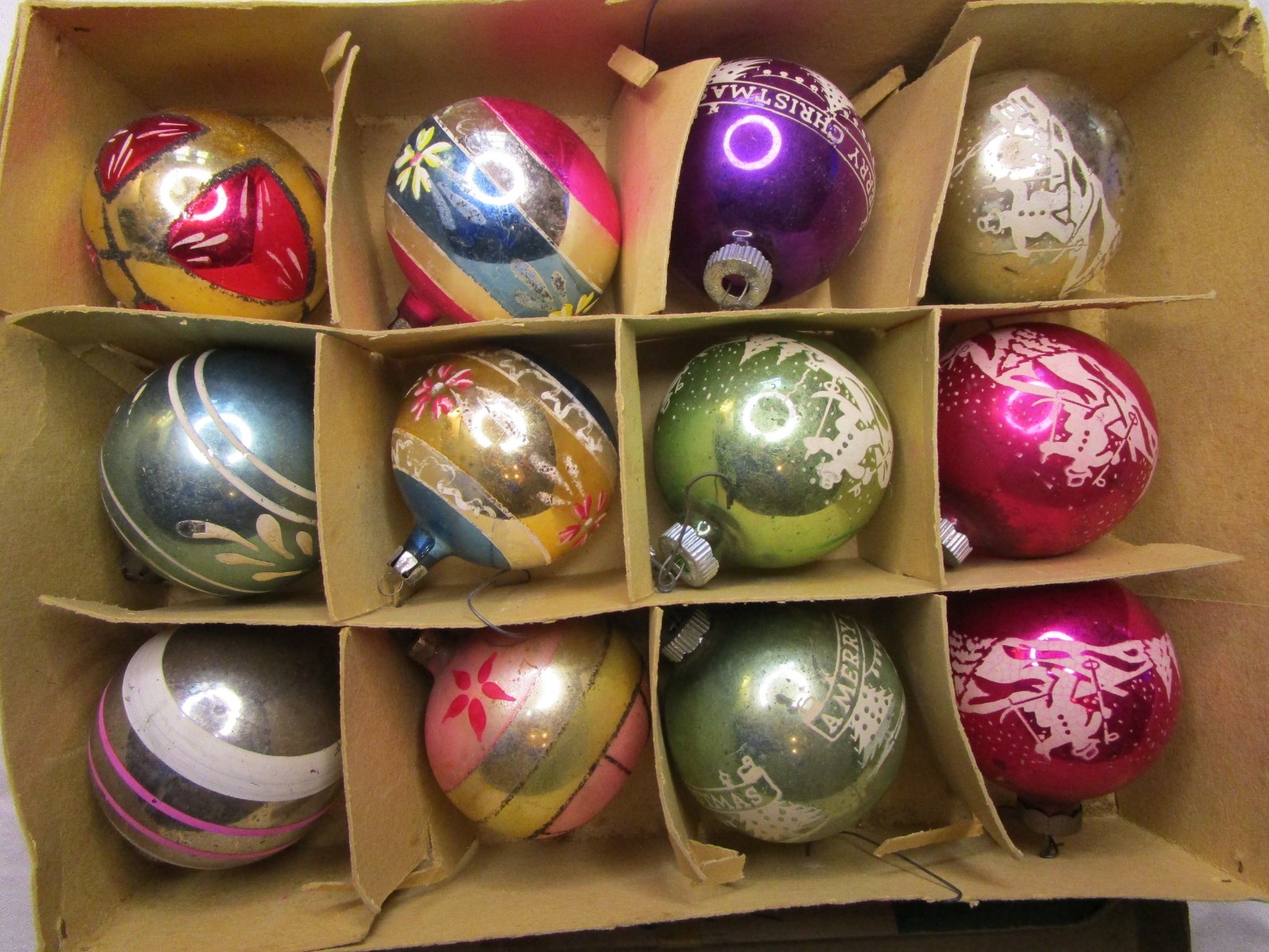 Box 12 Vintage Shiny Brite Mercury Glass Ball Ornaments, 4 Snowman on Skis 2.5 Box 12 Vintage Shiny Brite Mercury Glass Ball Ornaments, 4 Snowman on Skis 2.5