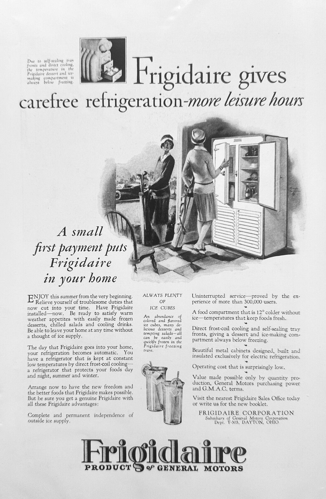 1927 Frigidaire Refrigerator by General Motors - More Leisure Hours - Vintage Ad