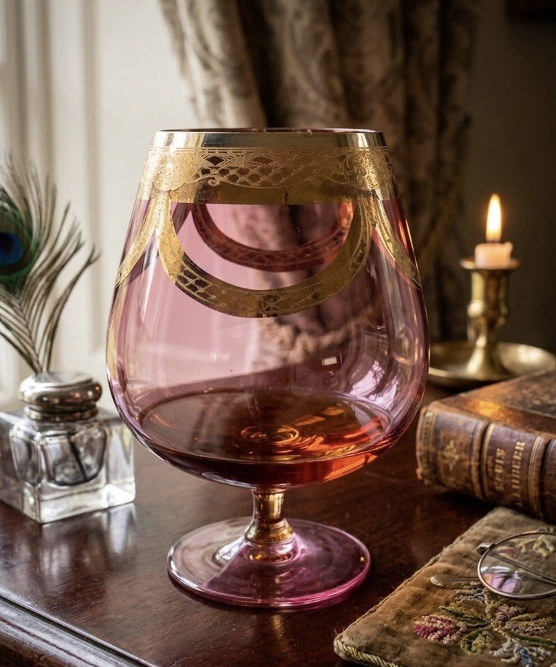 VTG Cranberry Brandy Snifter/Goblet w/ Gold Filigree Trim - 