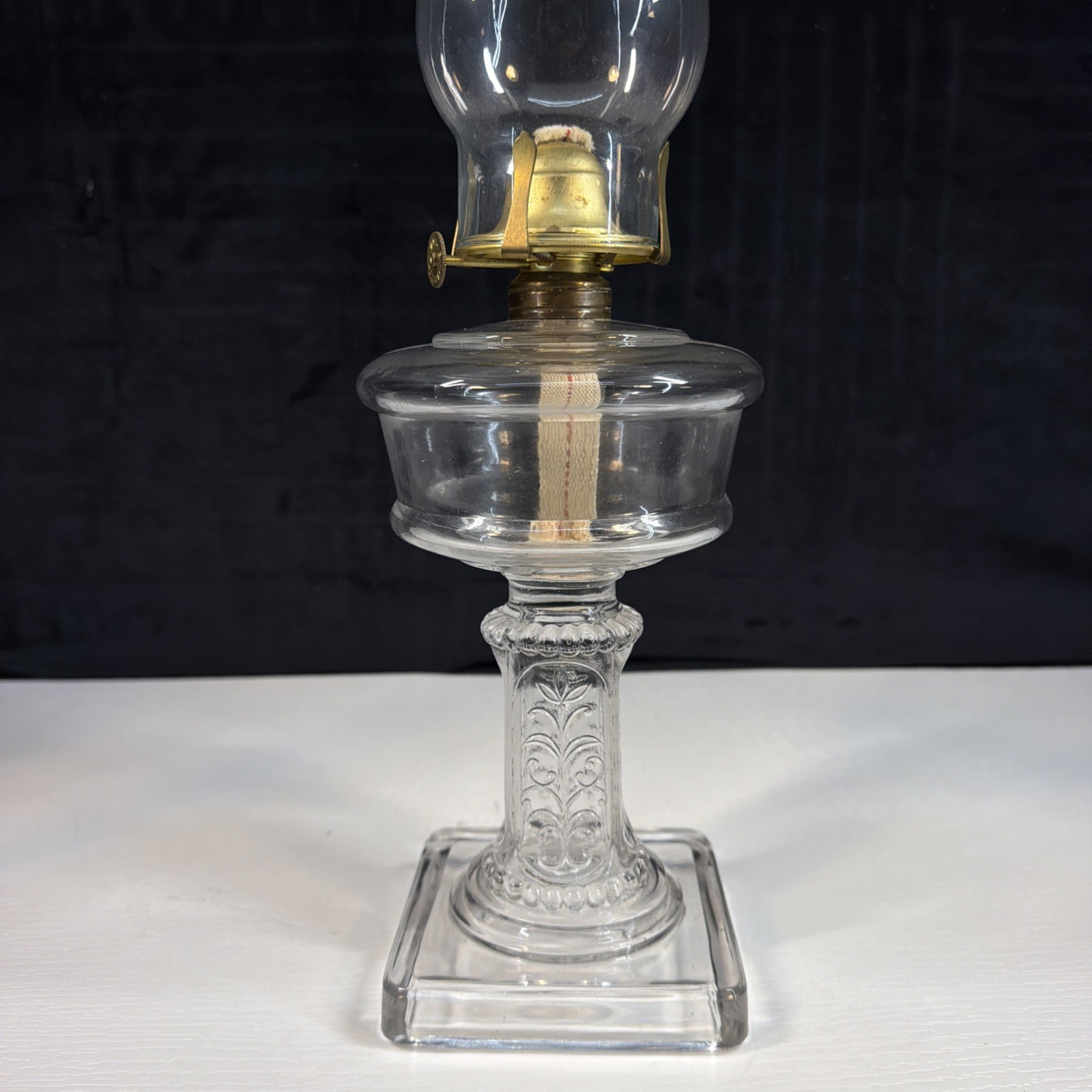 Antique EAPG Victorian Oil Lamp Square Floral Scroll Beaded Column Burner Shade