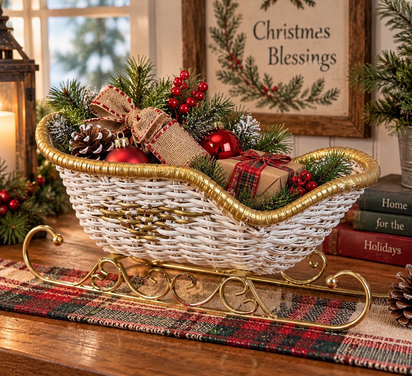 Vintage White Wicker Christmas Sleigh Basket Gold Metal Holiday Decor 9”