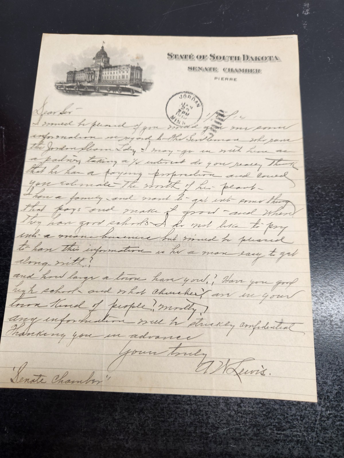 VTG 1914 Billhead of State of South Dakota Senate Chamber of Pierre