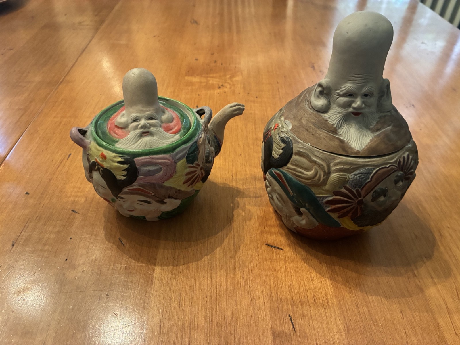 VINTAGE Japanese Banko Ware Multi-Face Tea Pot and Jar 7 Lucky Gods - Set of Two