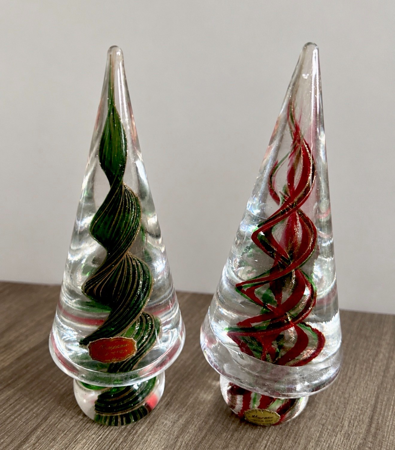 Murano Ribbon Swirl Glass Christmas Trees Vtg Holiday Mantel Decor Orig Stickers
