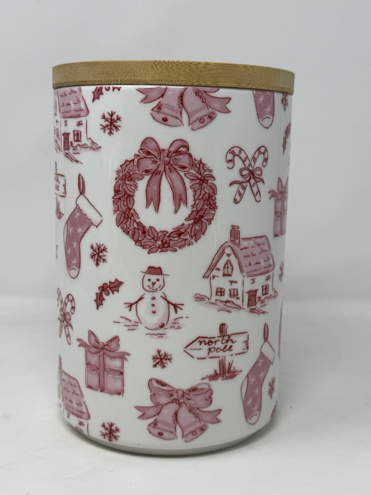 Grace Teaware Christmas Pink bow, wreath, snowman  ceramic canister wood lid HTF