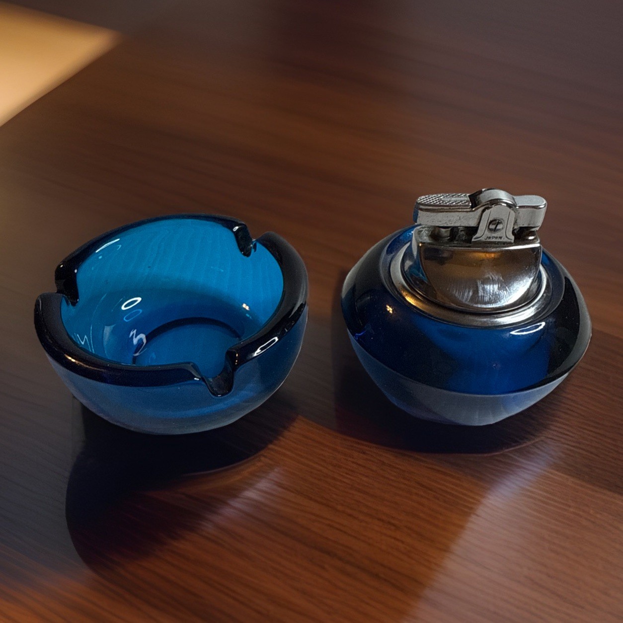 Vintage Colbalt Blue Tabletop Lighter & Ashtray Vintage Colbalt Blue Tabletop Lighter & Ashtray