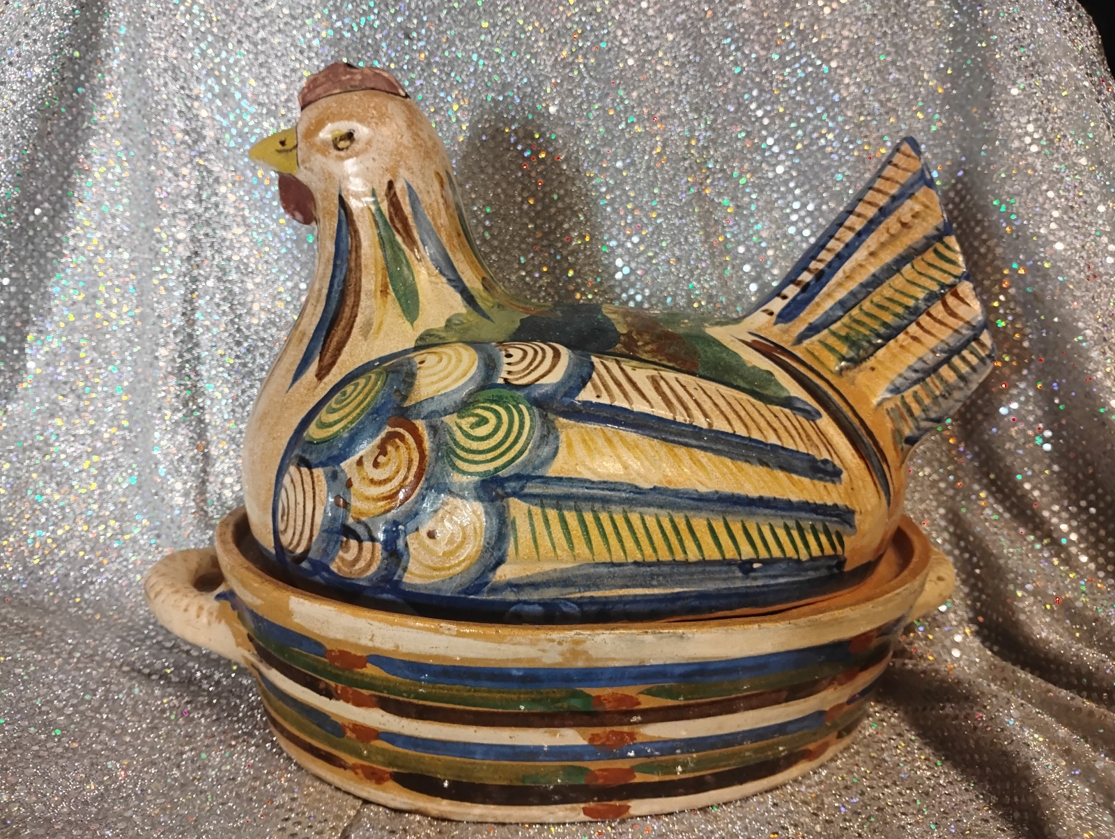 MEXICAN TLAQUEPAQUE FOLK ART POTTERY CASSEROLE CHICKEN HEN ON NEST 12