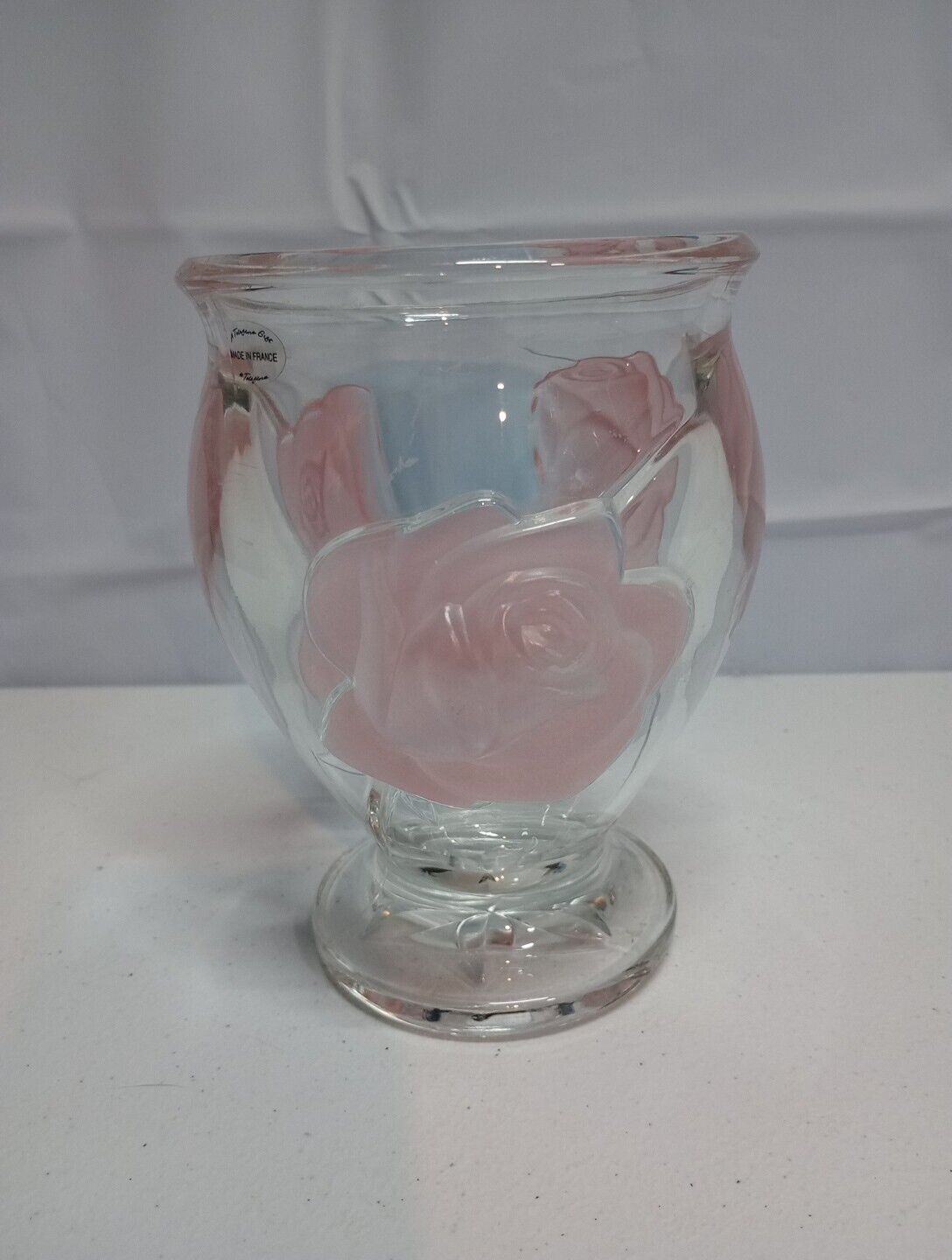 Teleflora Clear Glass Vase with Pink Frosted Embossed Roses Made In France