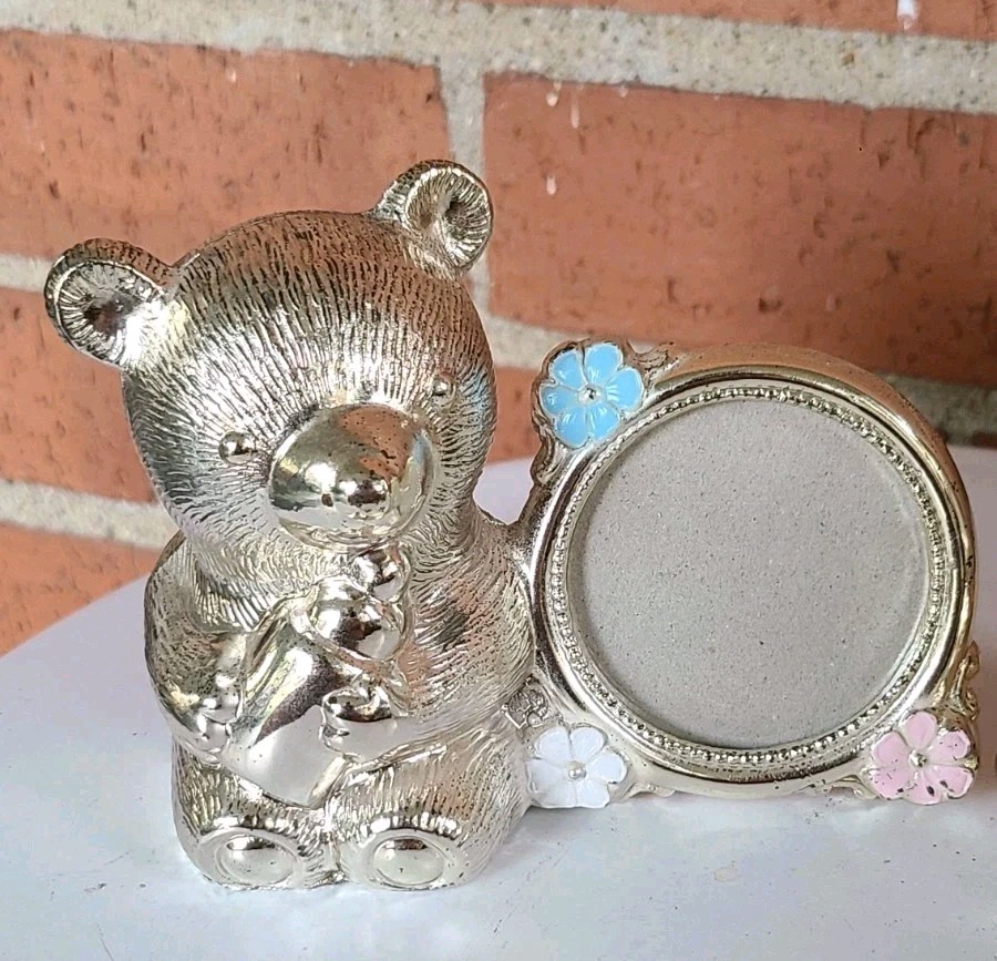 2 Vintage Oneida Silver Plate Teddy Bear Baby Bank Picture Frames Made in Japan
