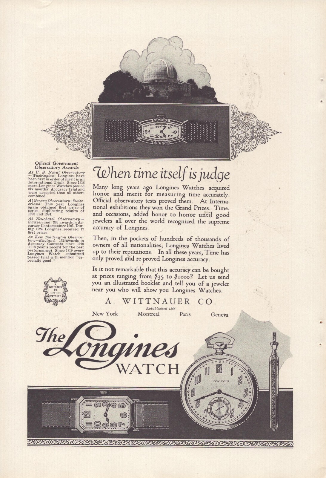 Vintage 1925 Longines Watch and Chrysler Four Auto Print Ad Promo Ad
