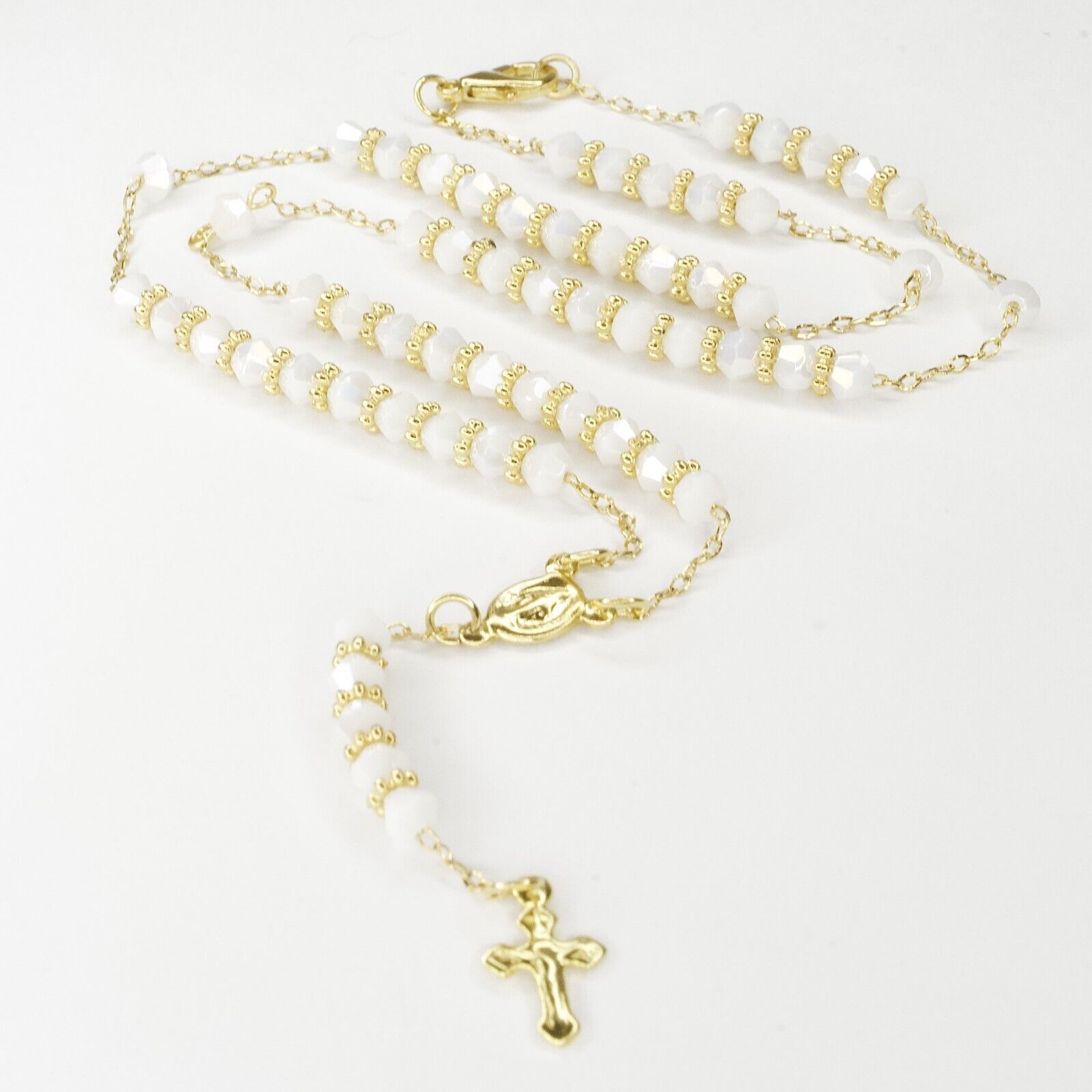 Rosary White Beads Necklace Gold Plated Blessed by Pope for Women
