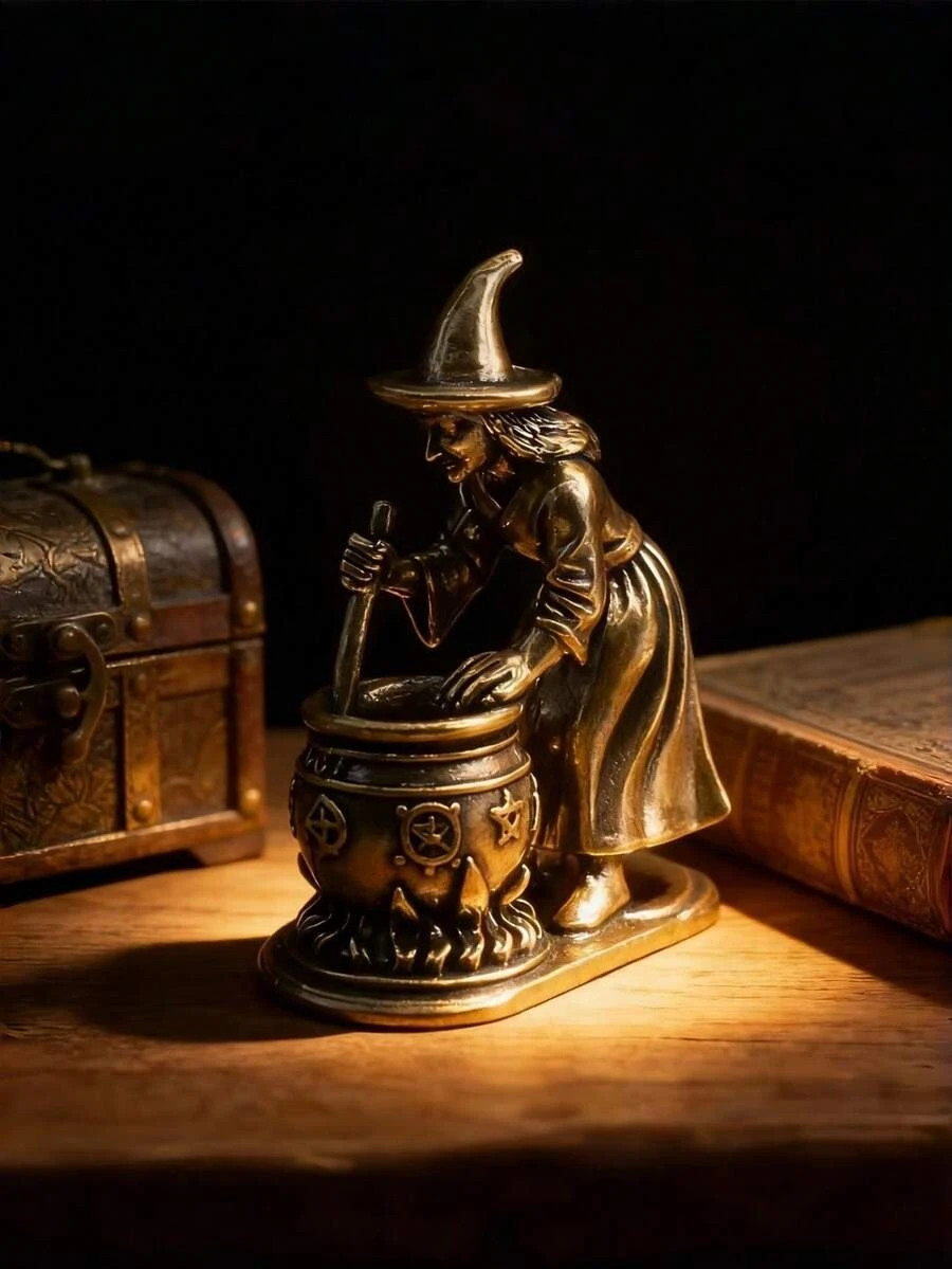 1pc Vintage Brass Witch Mortar Pestle Mini Figurine Gothic Magic Desk Decor