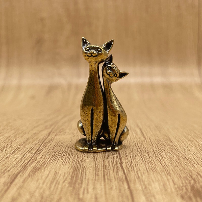 Brass Couple Cat Figurine Mini Cat Statue Vintage Desk Decor Lover Ornament