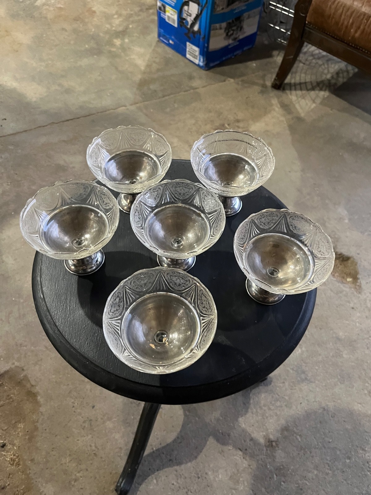 6 Vintage 1930’s  Sherbet dishes (etched) - Removable metal base