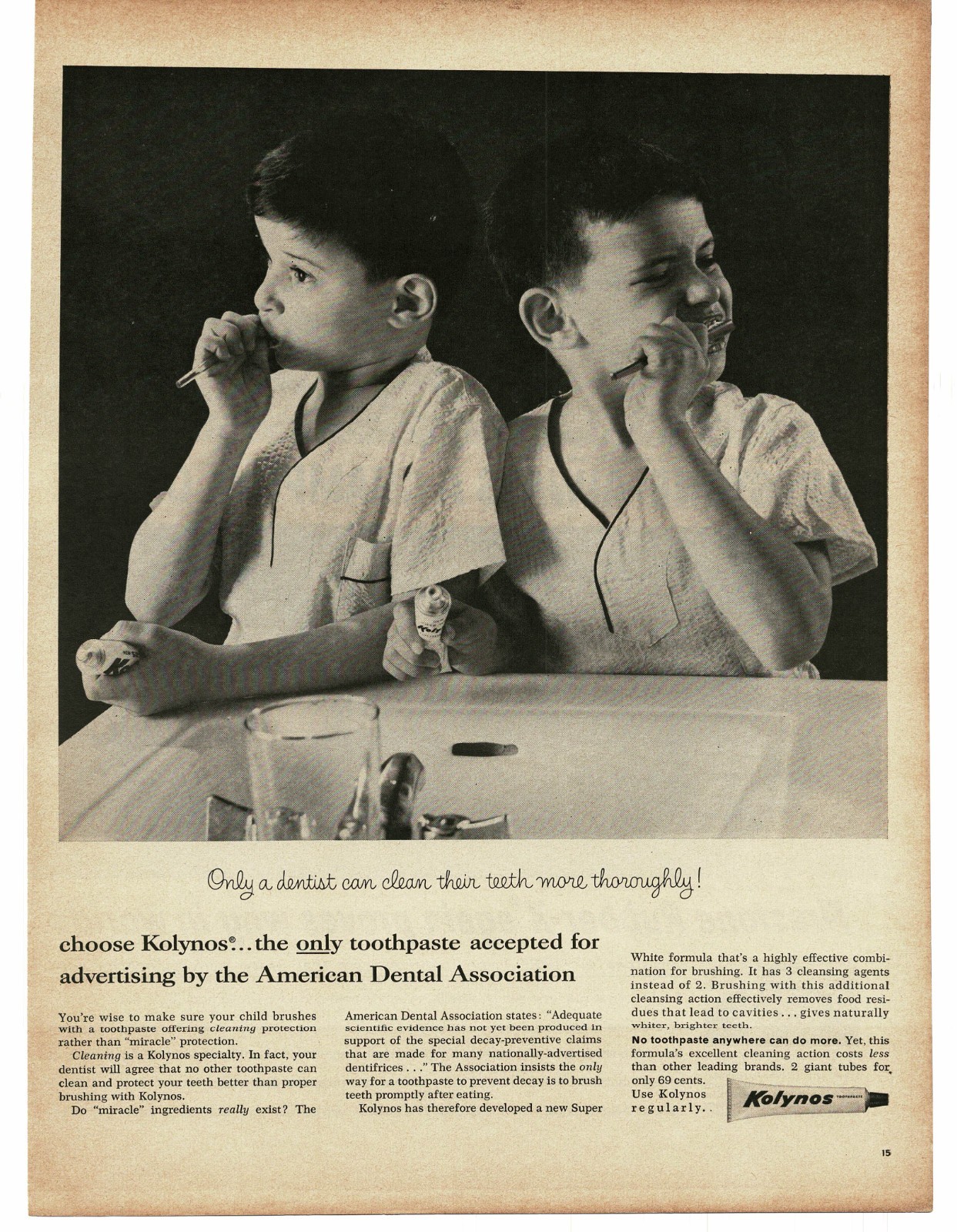 1959 Kolynos Toothpaste twin boys brushing teeth Vintage Print Ad