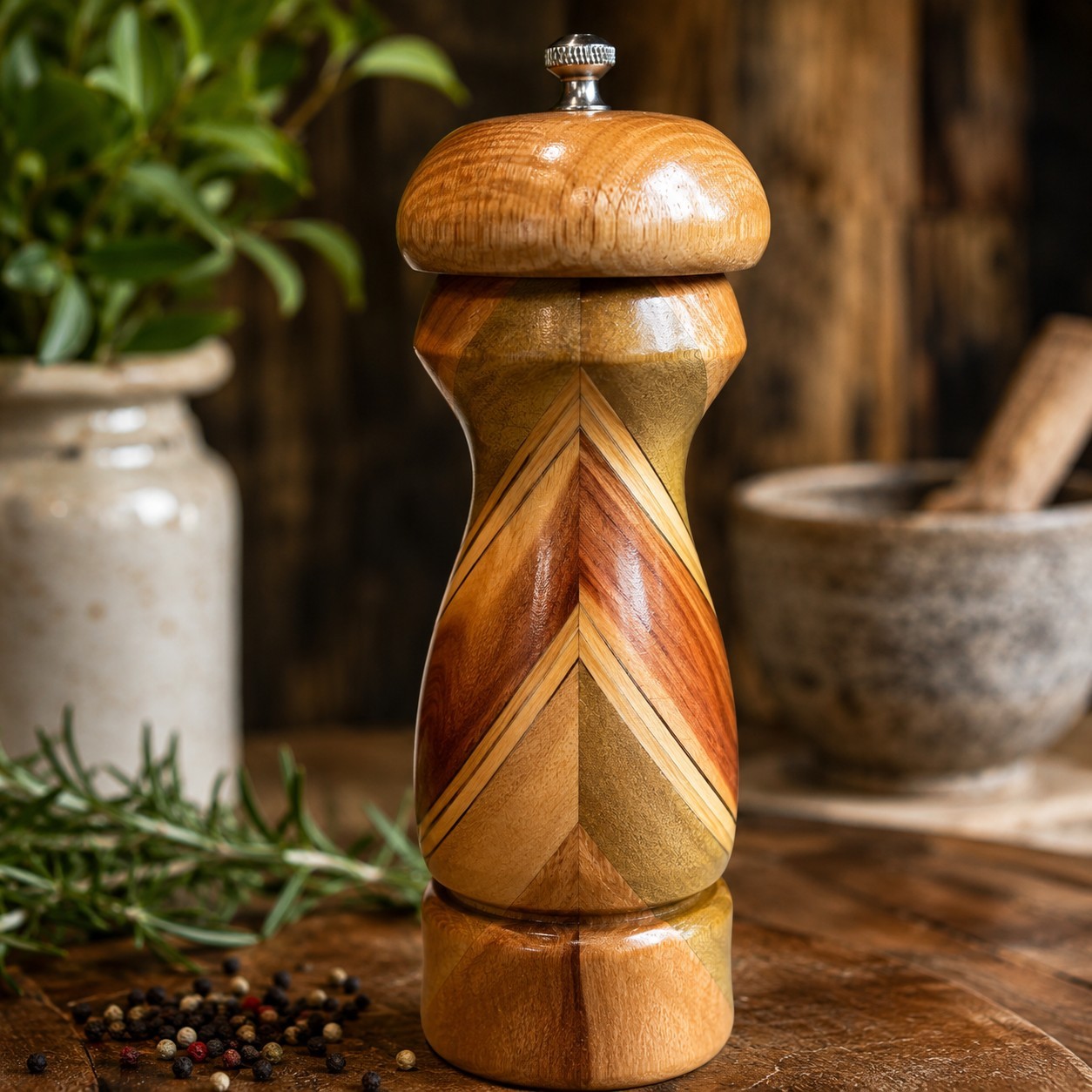 2004 Handcrafted Segmented Wood Pepper Mill Signed Studio Artisan Grinder