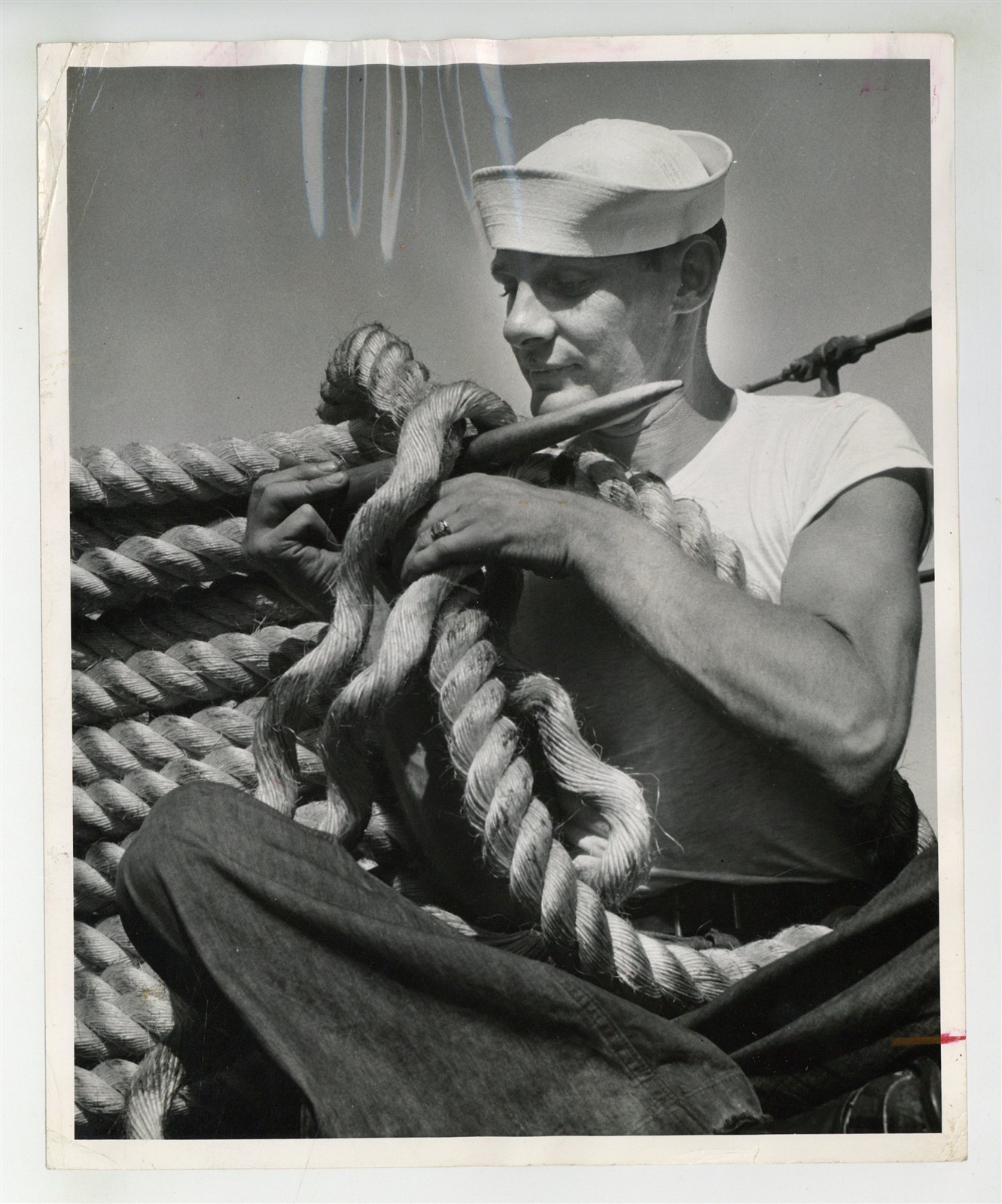 Rugged US Coast Guardsmen Knitting 1942 Handsome Muscular Male Photo Gay J15601
