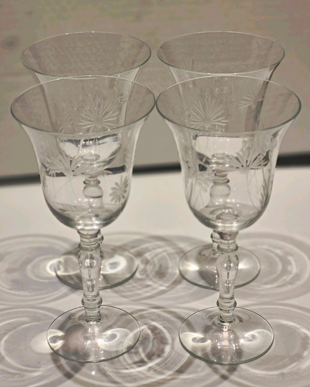 Set of 4 Clear Etched Floral Stemmed 7 1/4\