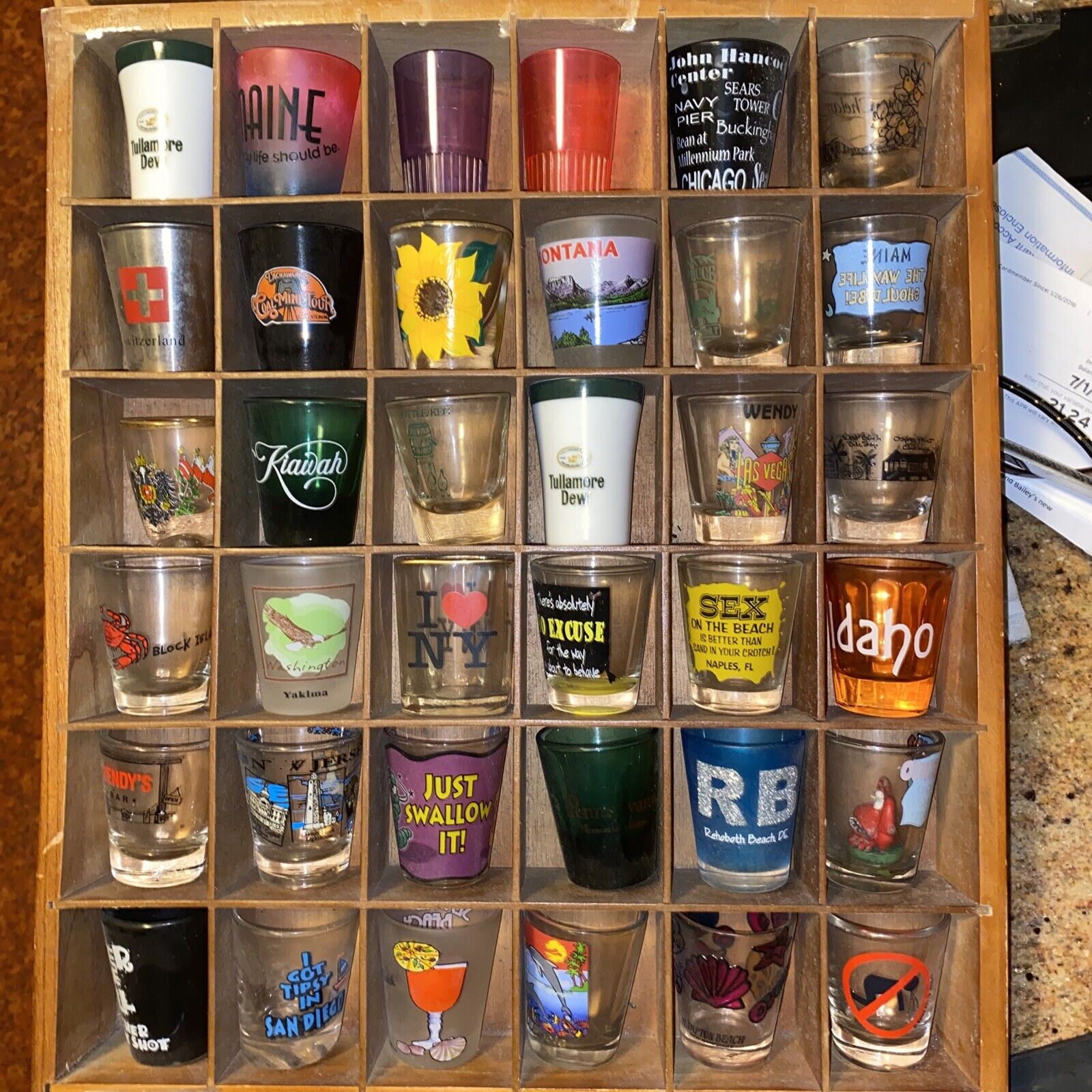 Wood Display Case INCLUDING 36 Shot Glasses - Humor, States, Countries, Ads