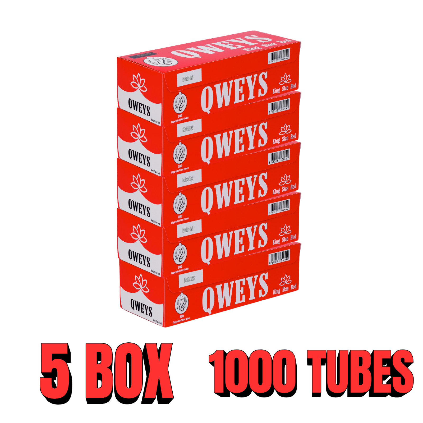 Cigarette Tubes King Size 5 Box of 200 Ct QWEYS RED
