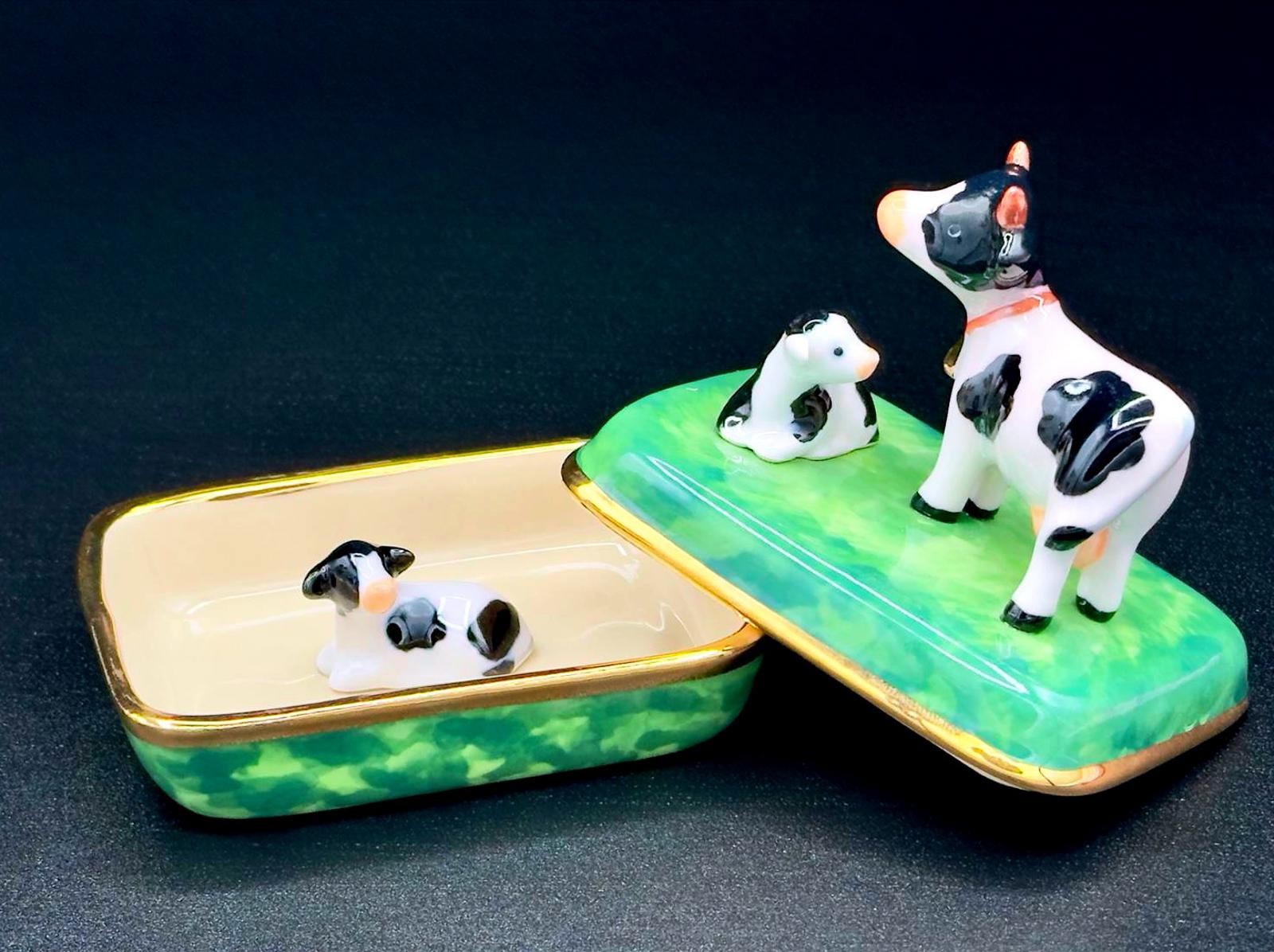 Porcelain Cow & Calf Trinket Box • Green Meadow Base • Hidden Mini Calf Inside.