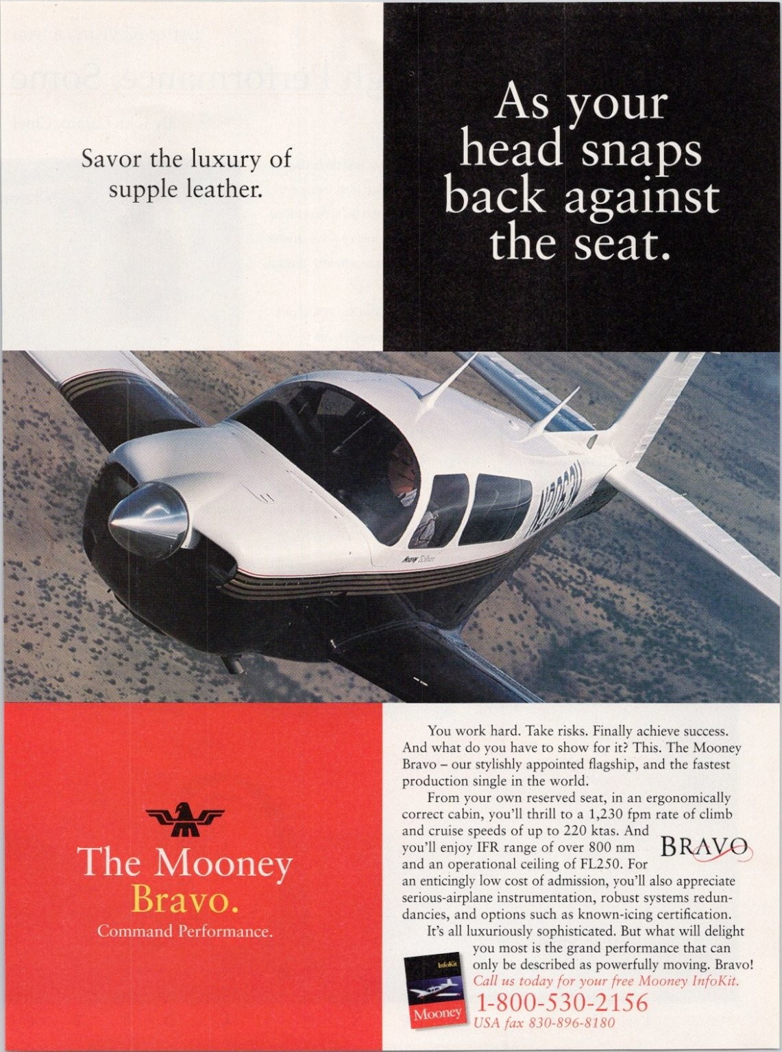 Mooney Bravo Print Ad 1998 Luxury Leather Aircraft Aviation Poster