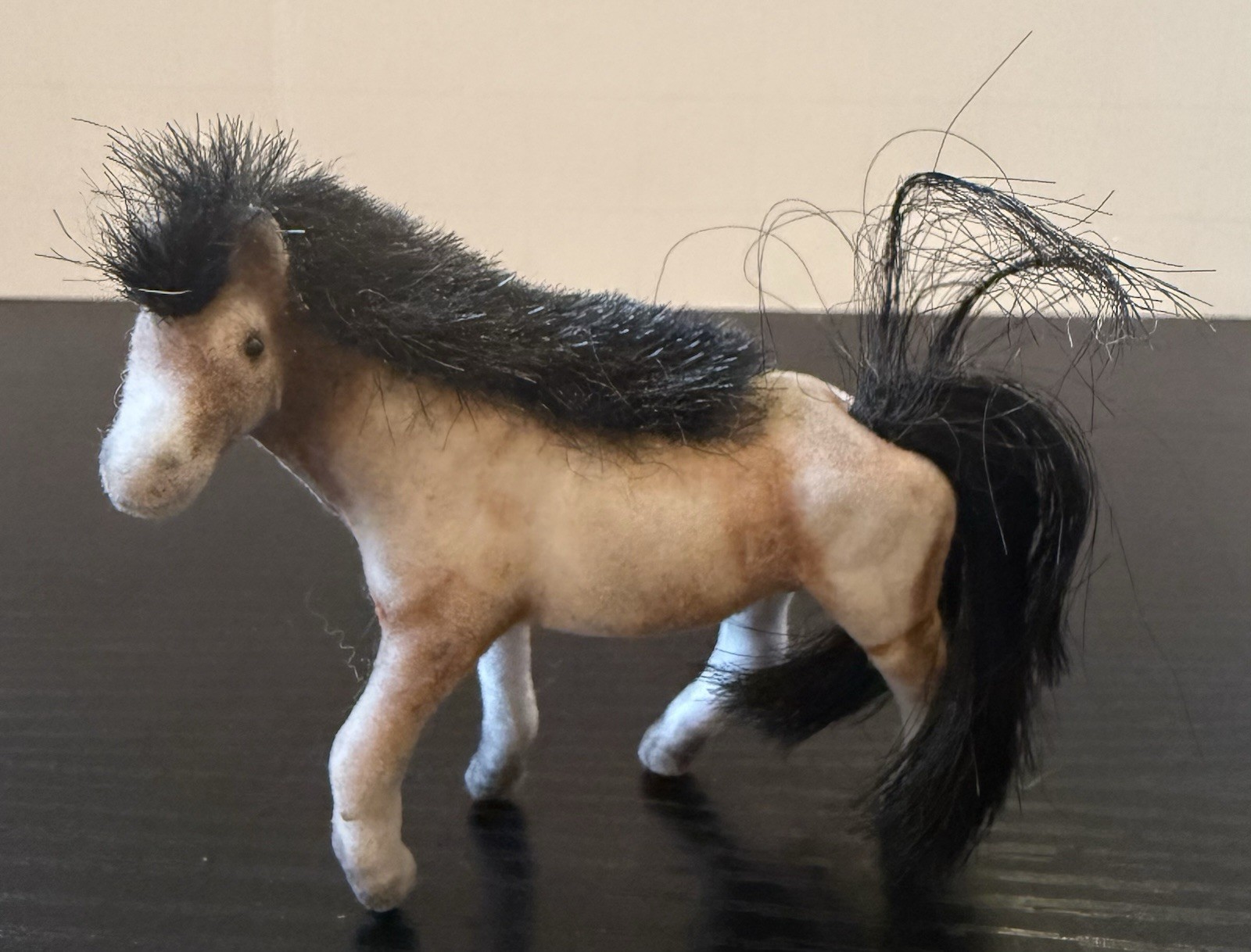 Vintage Flocked Horse Figure 3” White/Brown Coat w/ Black Mane & Tail