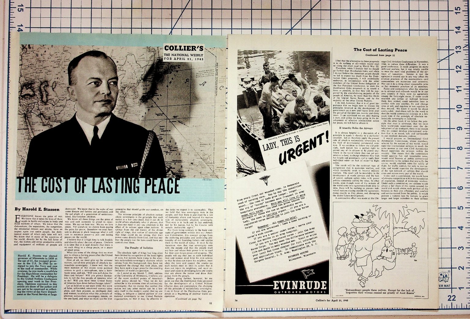 Collier\'s Magazine April 1945 WWII Era Evinrude Polident Harold Stassen Collier\'s Magazine April 1945 WWII Era Evinrude Polident Harold Stassen