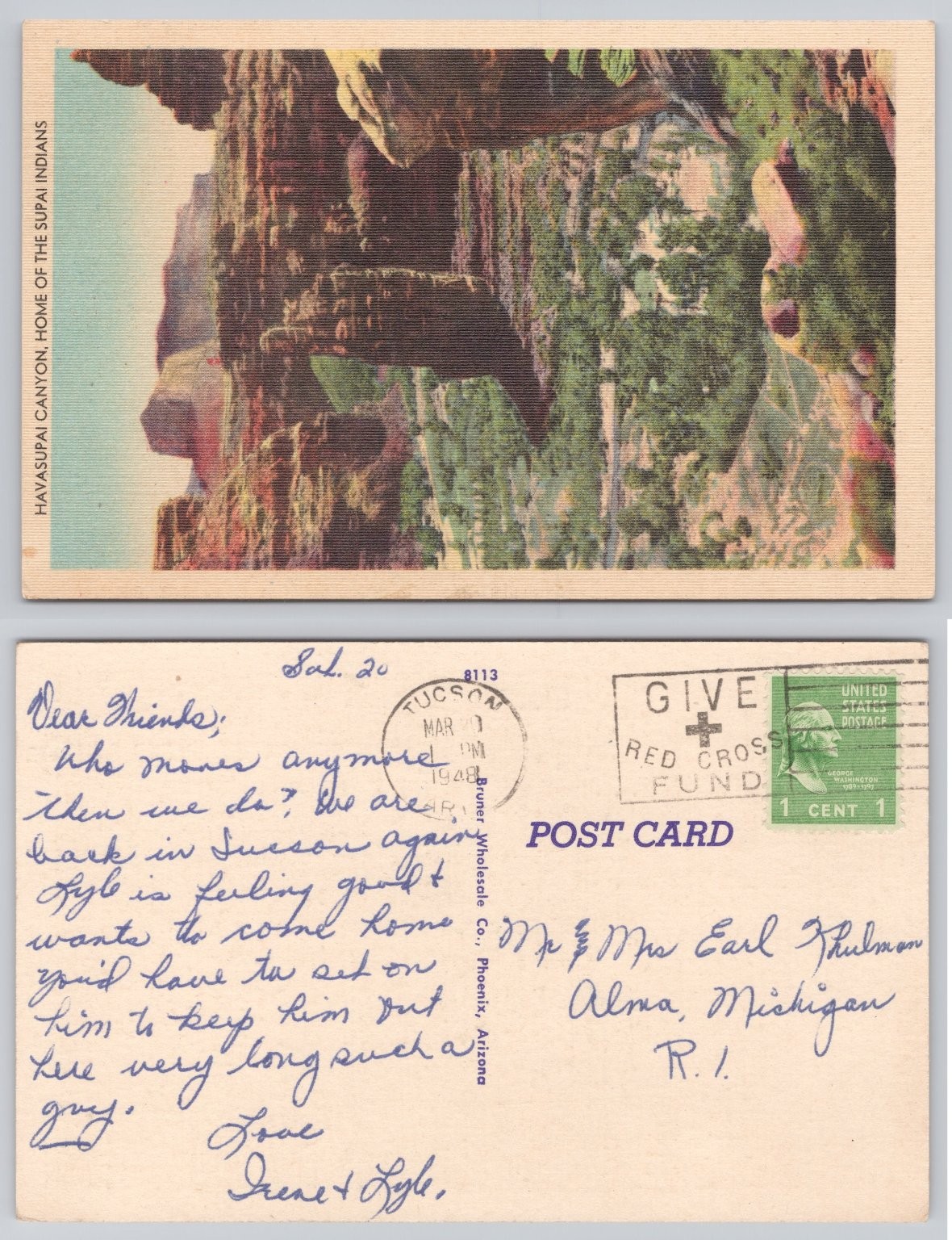 Havasupai Canyon Arizona Linen Postcard 1948 Supai Indians Home