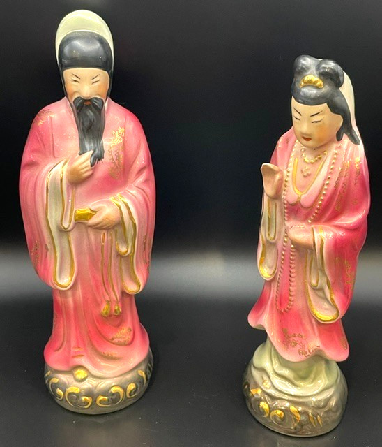 Vintage Chinese Art Pottery Man Woman Nobleman Figurine Pair Vibrant Pink & Gold