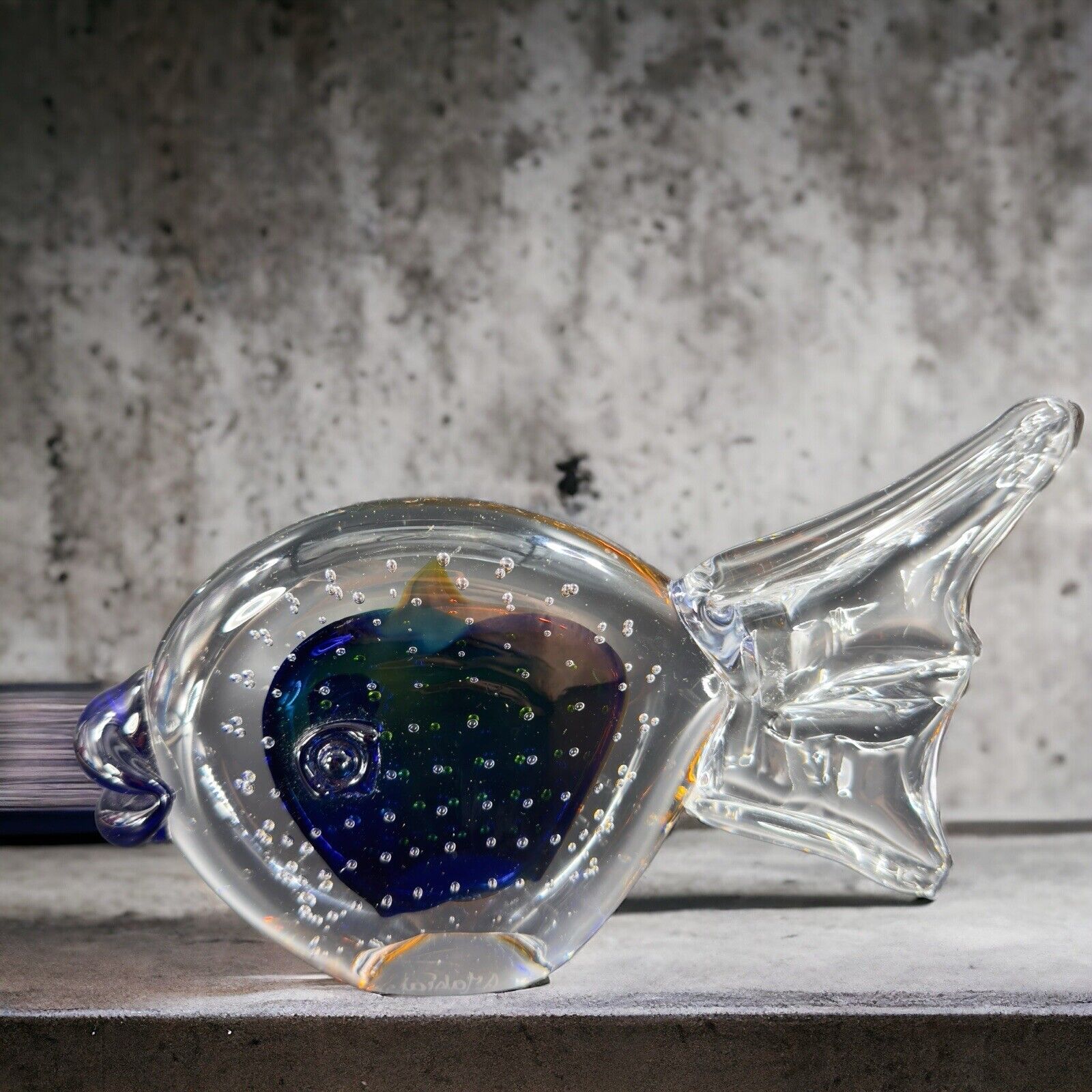 Venetian Glass Fish Figurine Artist Signed Paperweight Big Lips Small Bubbles