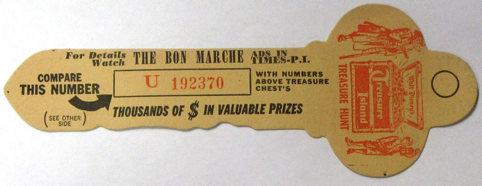 1950 Disney TREASURE ISLAND MOVIE Bon Marche Seattle P-I Treasure Chest Key