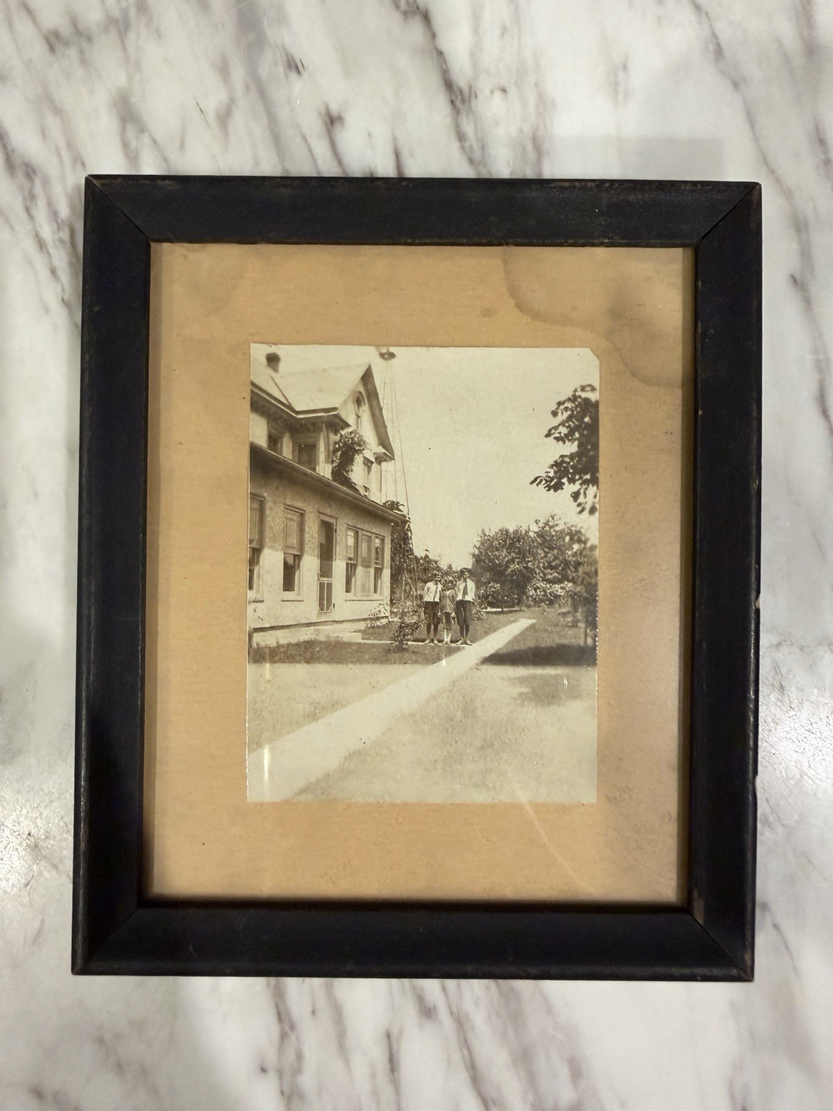 Antique RPPC Style Photo 3 Children Victorian House Framed Early 1900s 6 x 7”
