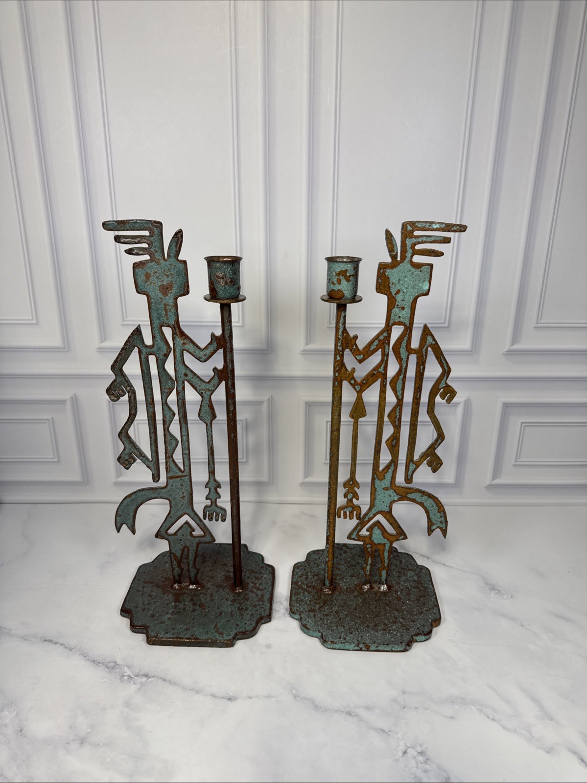 Southwestern Iron Kokopelli Style Candle Holders Pair Turquoise Verdigris Finish Southwestern Iron Kokopelli Style Candle Holders Pair Turquoise Verdigris Finish