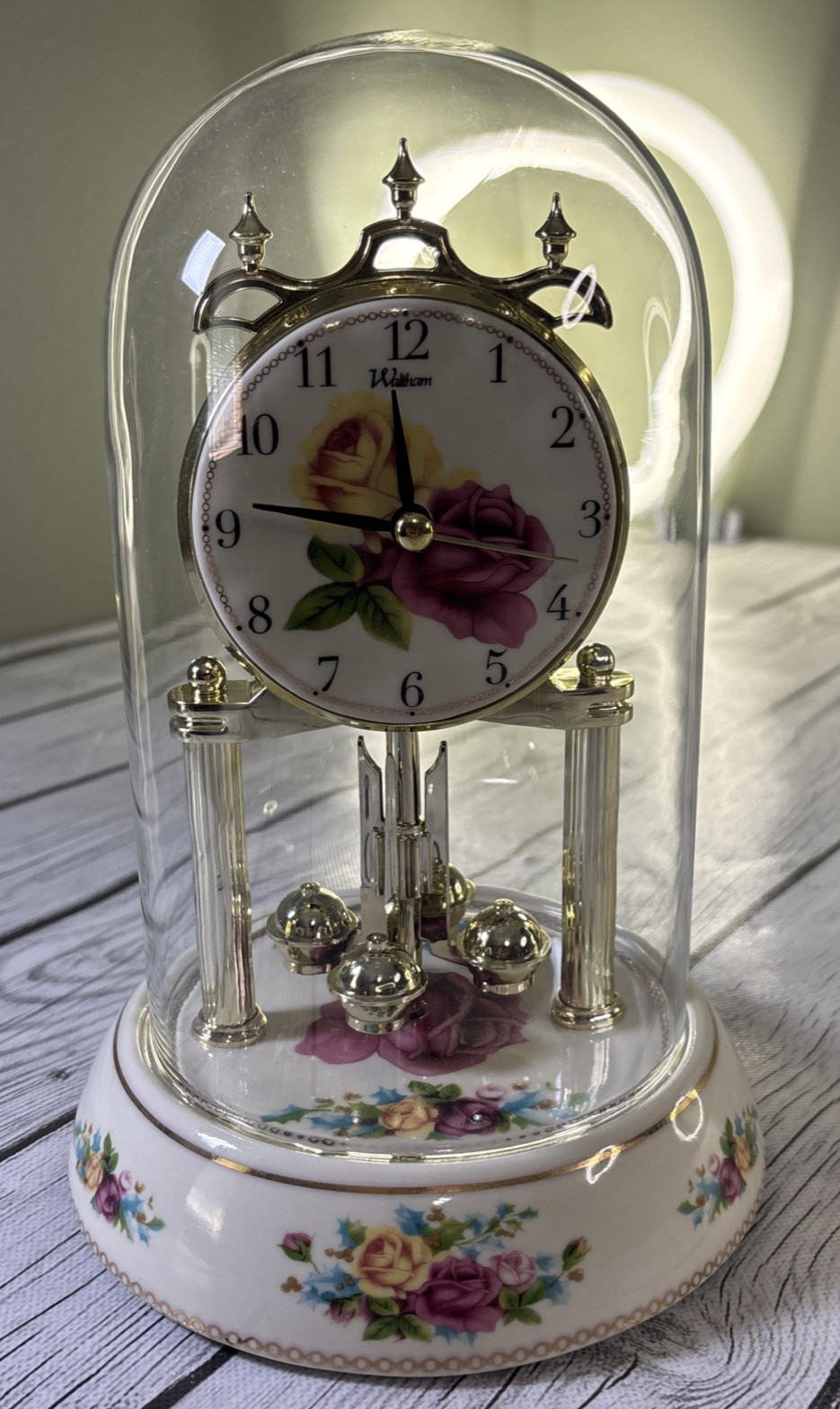 Vintage 1980-1990s Waltham Glass Dome Floral Porcelain Anniversary Clock Works.