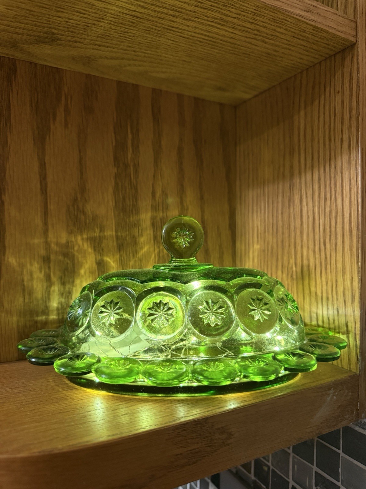 Vintage L.E. Smith Moon & Stars Green Butter Dish w/Lid Oval & Scalloped