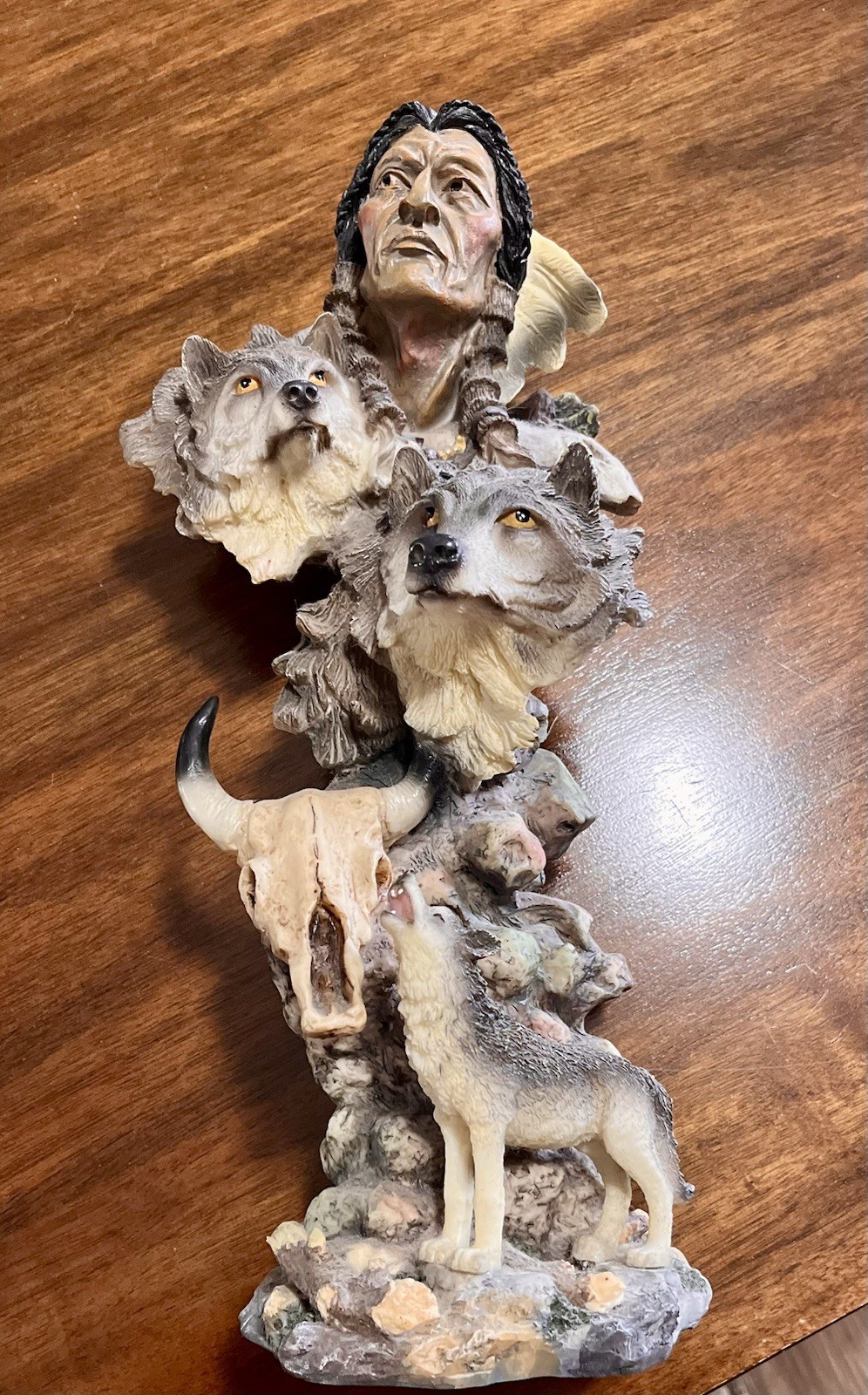 Native American Indian Chief & Gray Wolves Totem Figurine