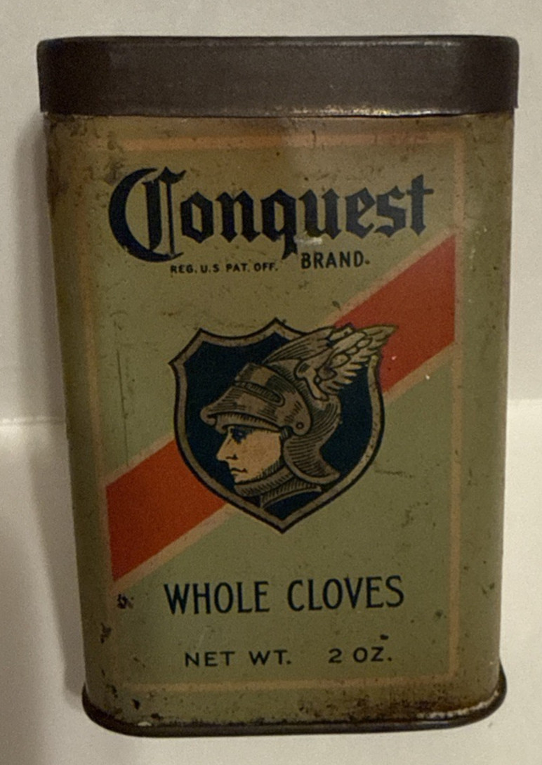 Vintage Whole Cloves Spice Tin CONQUEST Winged MERCURY Charleston, W. Va.