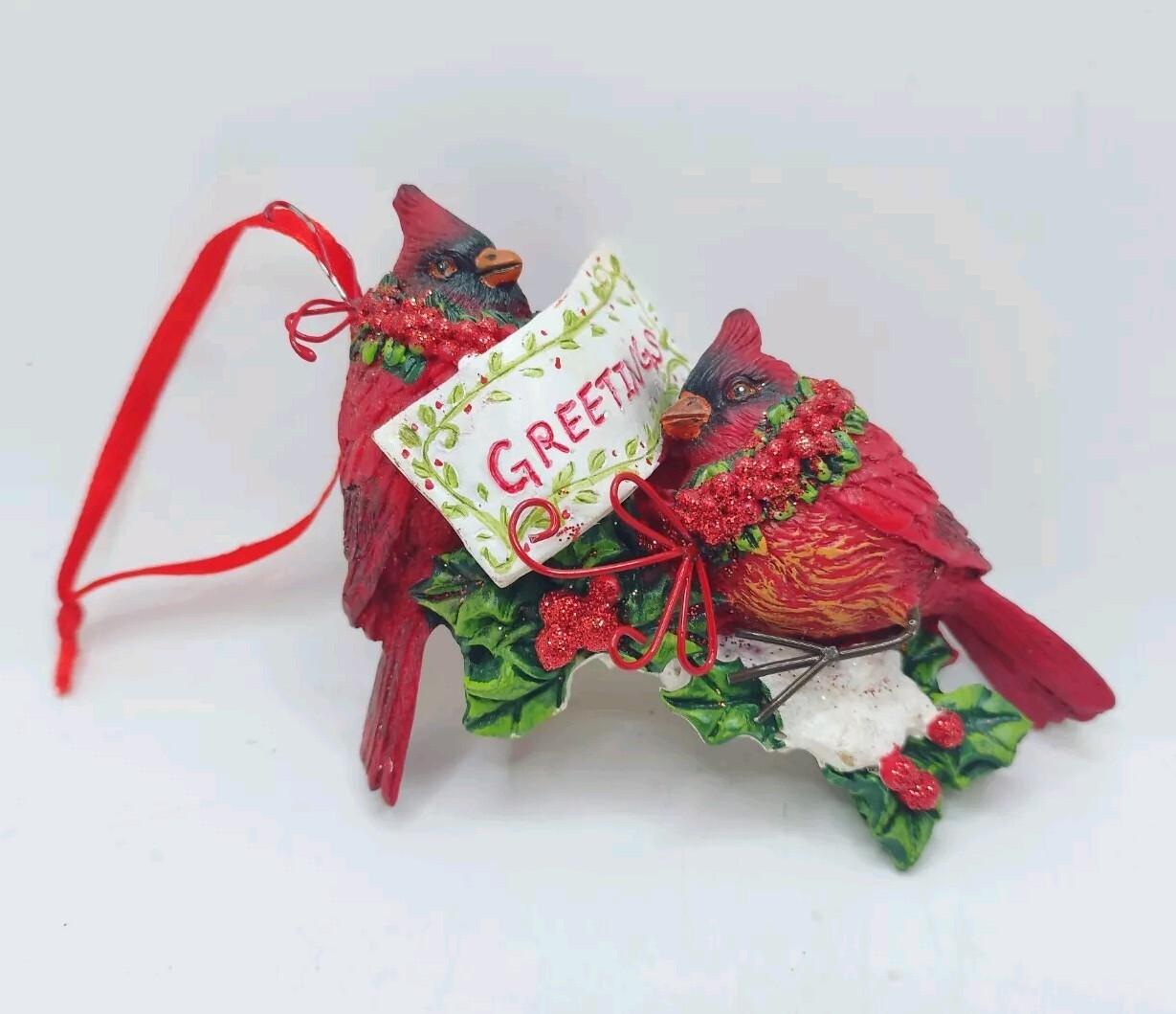 Cardinals Red Birds Resin Christmas Ornament On Holly Sprig Greetings