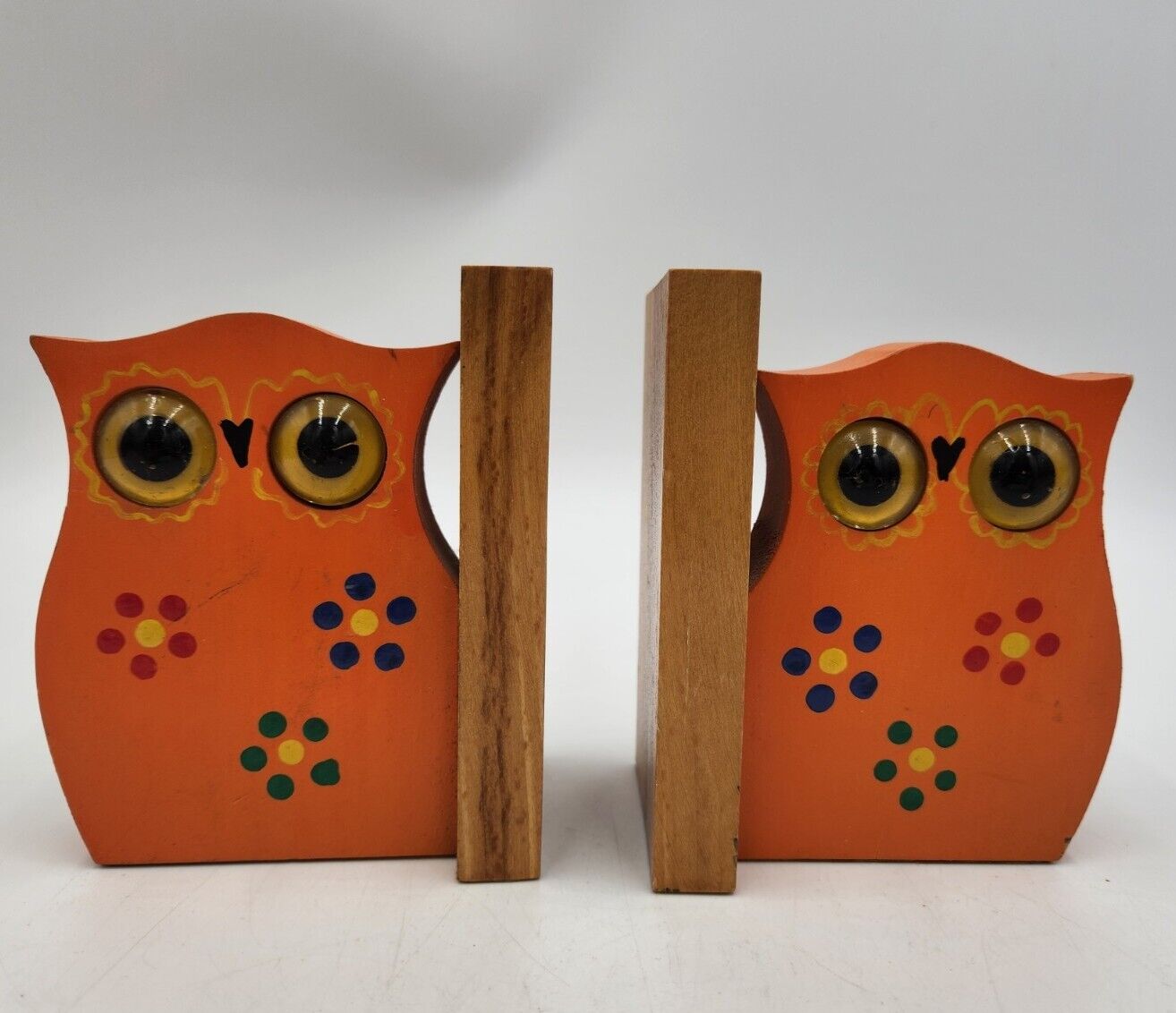 Vintage 70's Wood Retro Orange Flower Power Owl Bookends with Marble Like Eyes