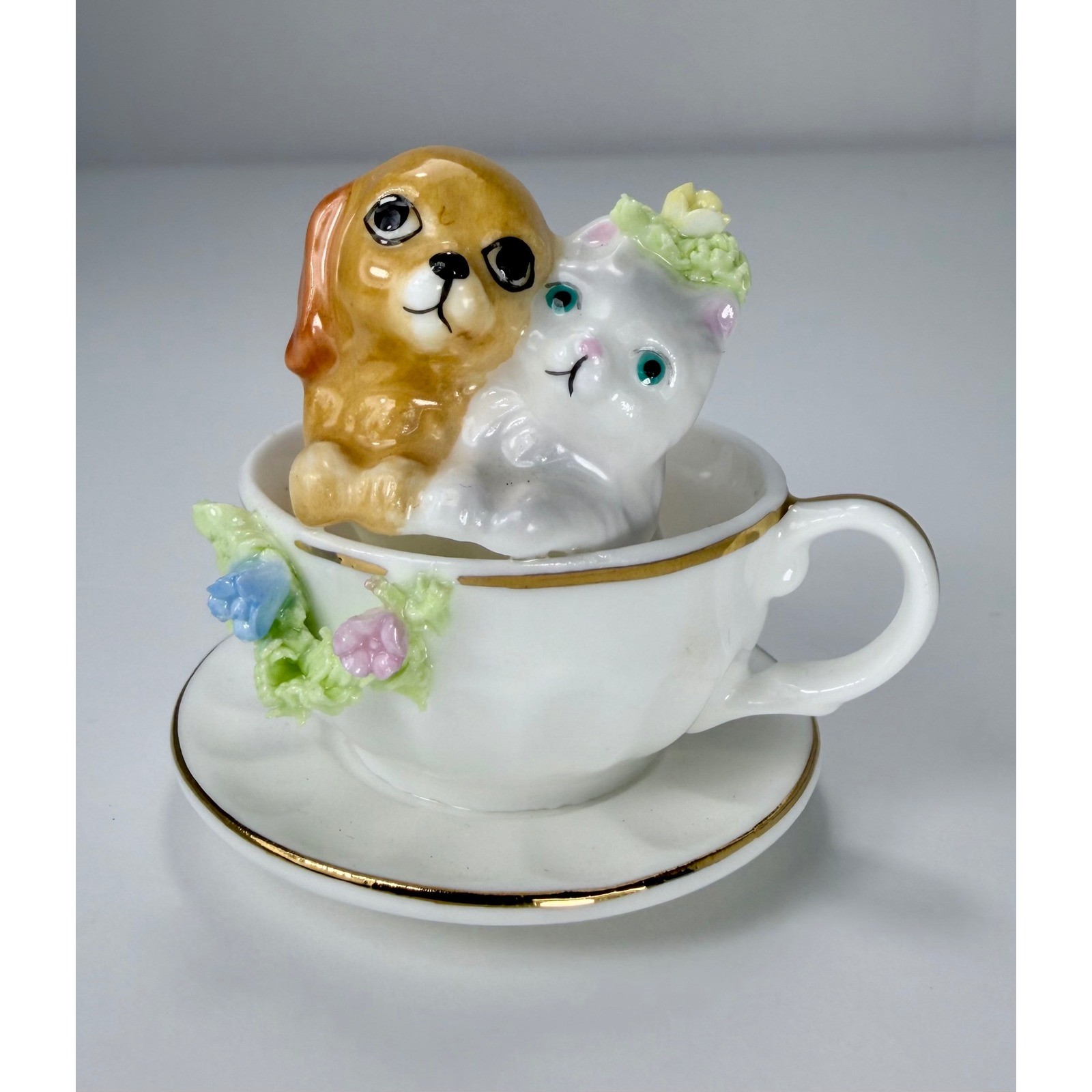 Vintage Napcoware Bone China Miniature Puppy and Kitten in Teacup Figurine Vintage Napcoware Bone China Miniature Puppy and Kitten in Teacup Figurine