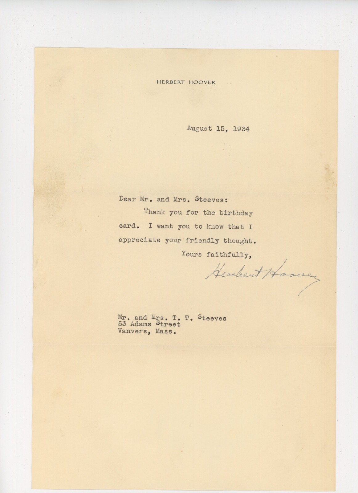 1934 Herbert Hoover Signed Letter & Original Envelope - Presidential Autograph